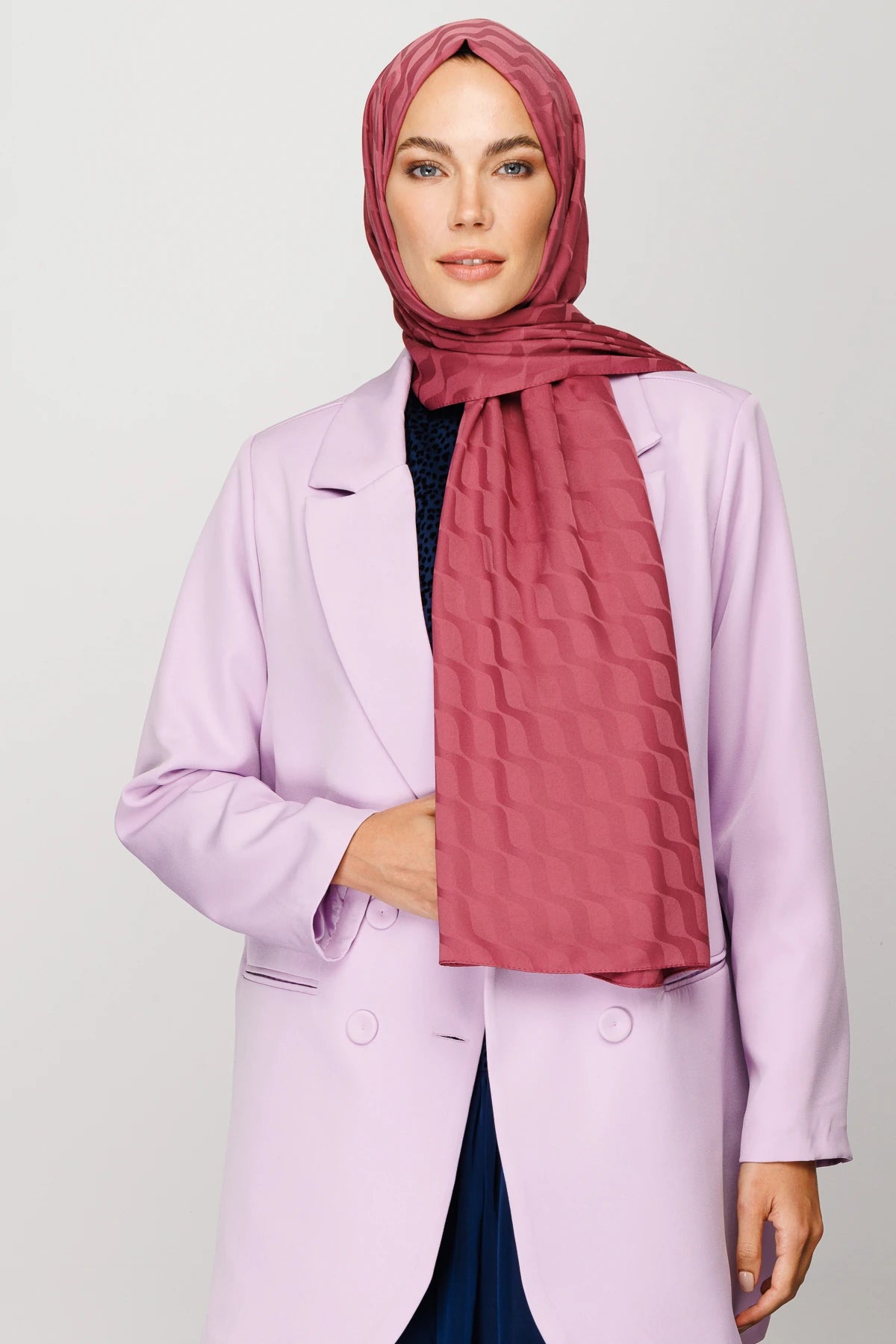 Wave Pattern Silky Jacquard Scarf - Dried Rose