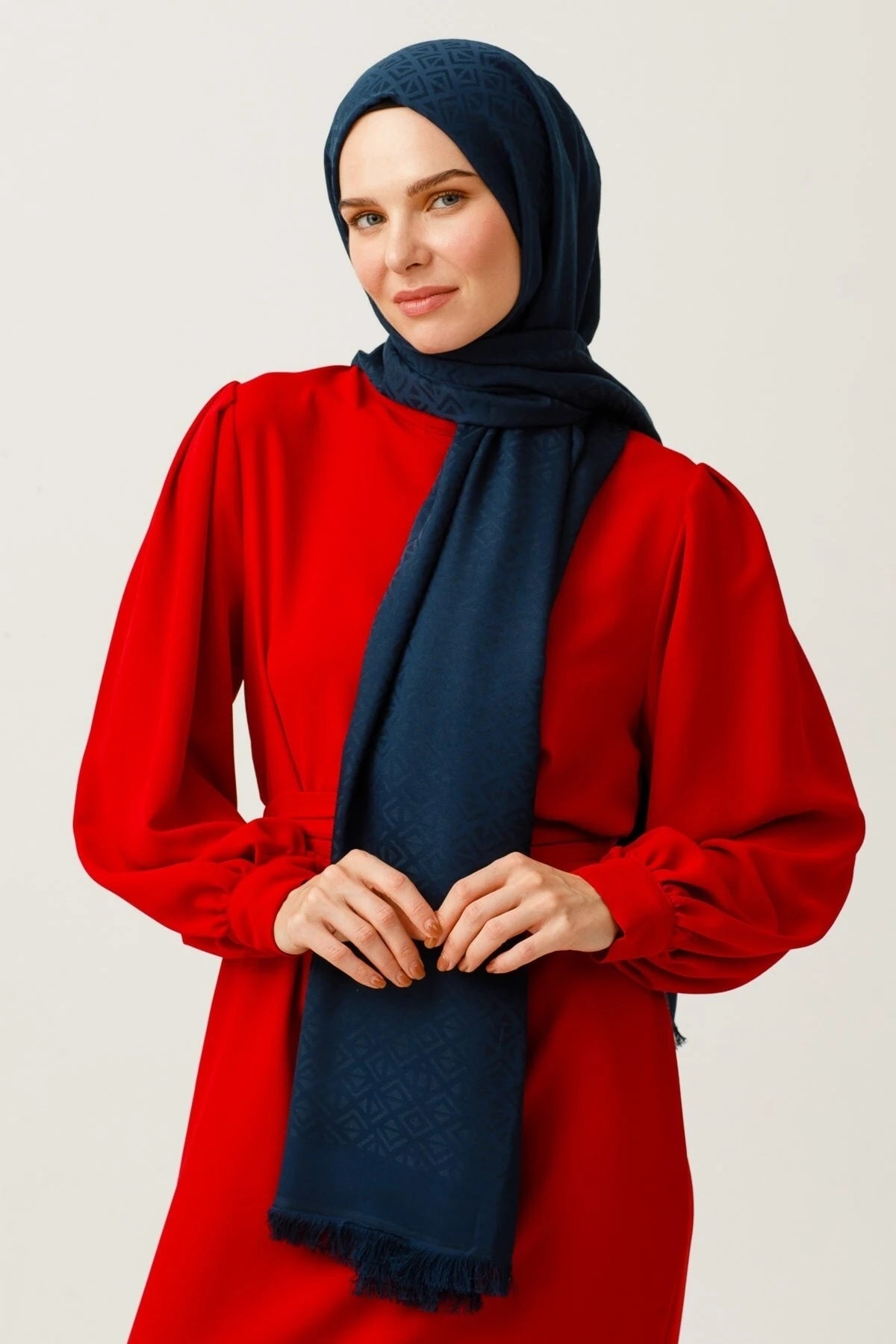 Triangle Pattern Cotton Jacquard Scarf - Navy blue