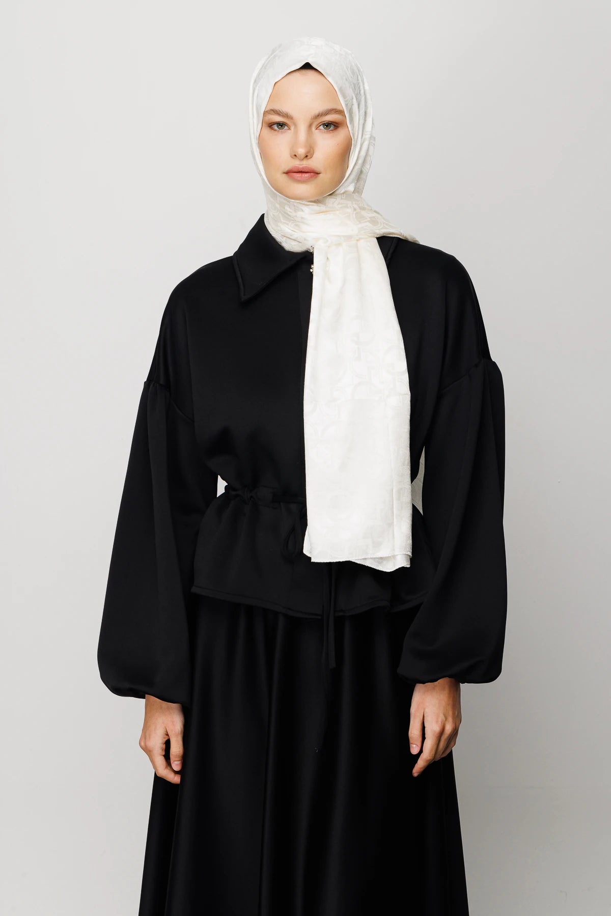 Longar Pattern Shiny Jacquard Scarf - Ecru