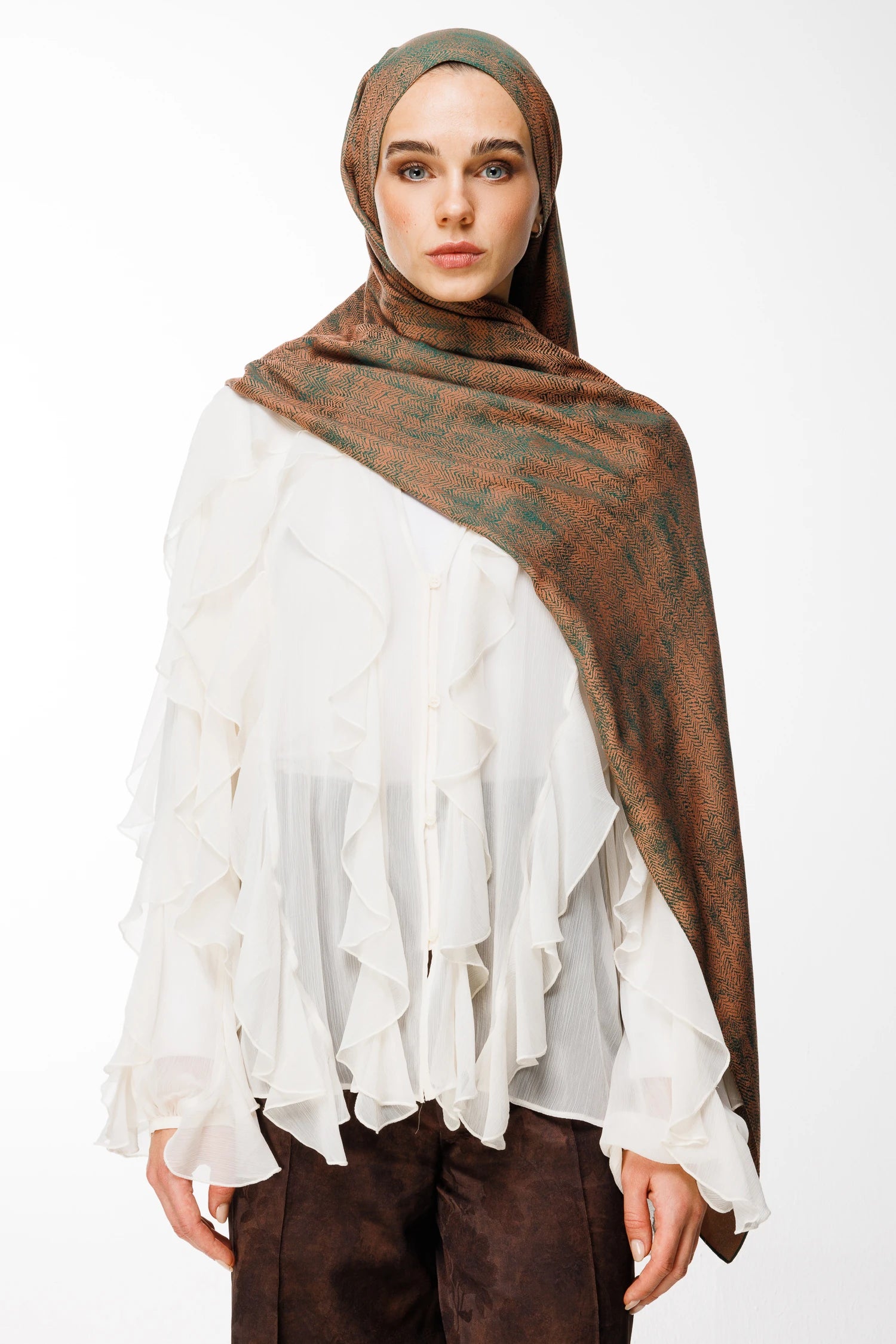 Sahara Pattern Double-Sided Shawl - Emerald-Apricot