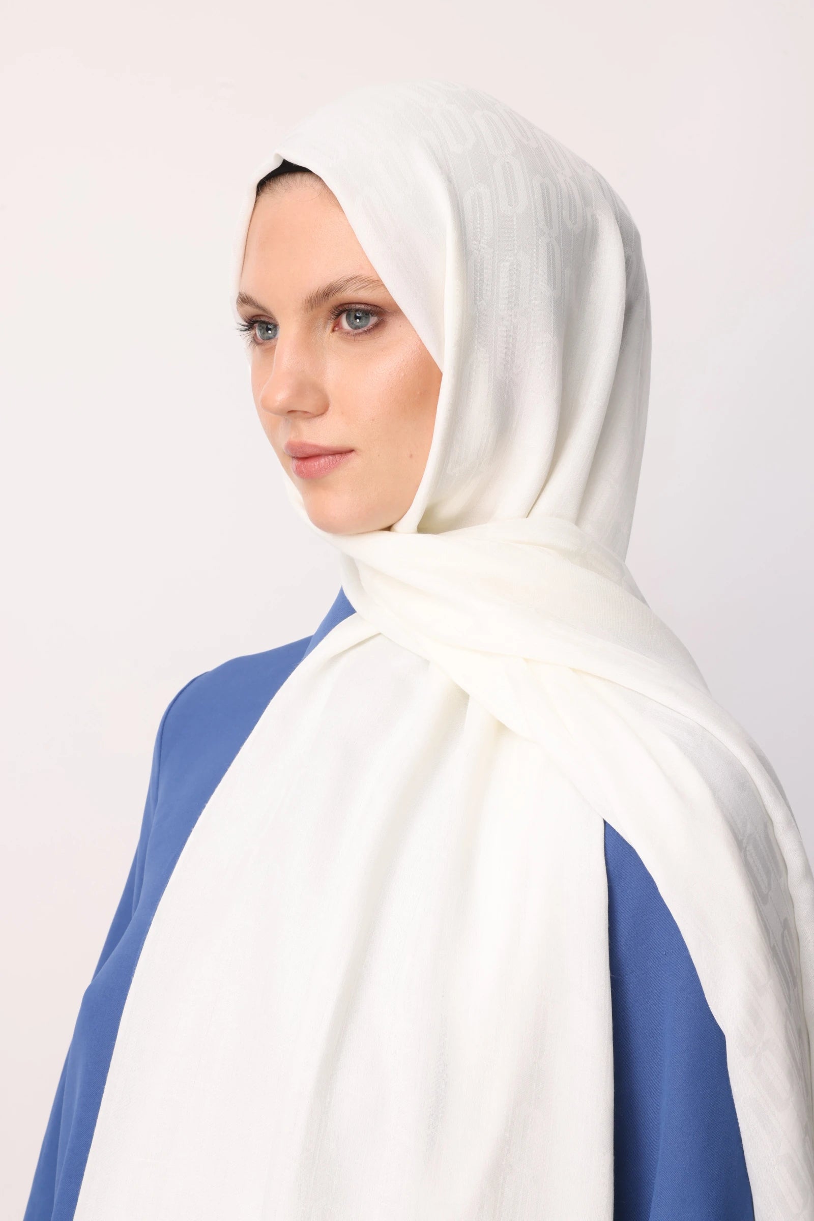 Chain Pattern Cotton Jacquard Scarf - Ecru