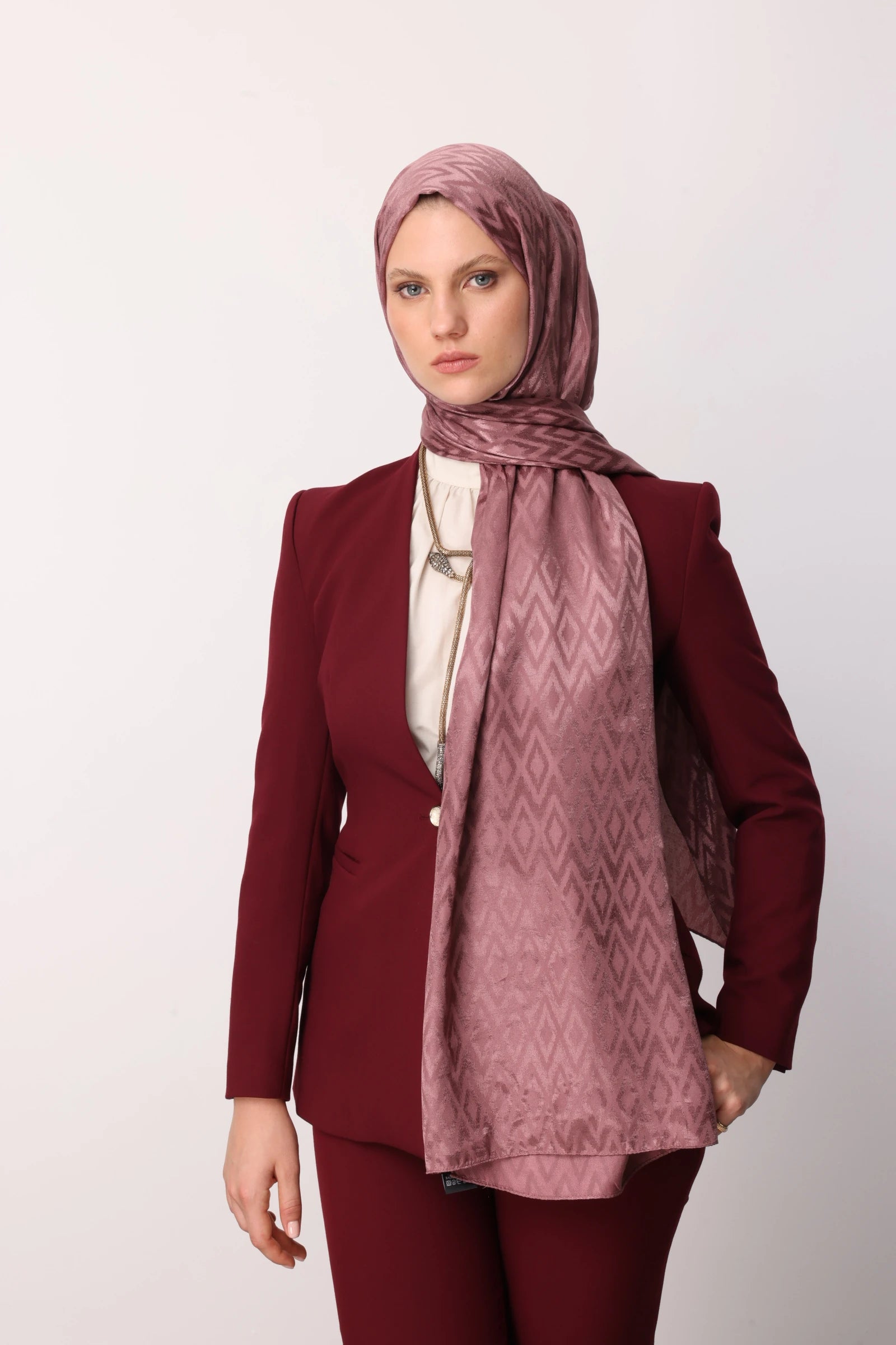 Tile Pattern Shiny Jacquard Shawl - Dried Rose