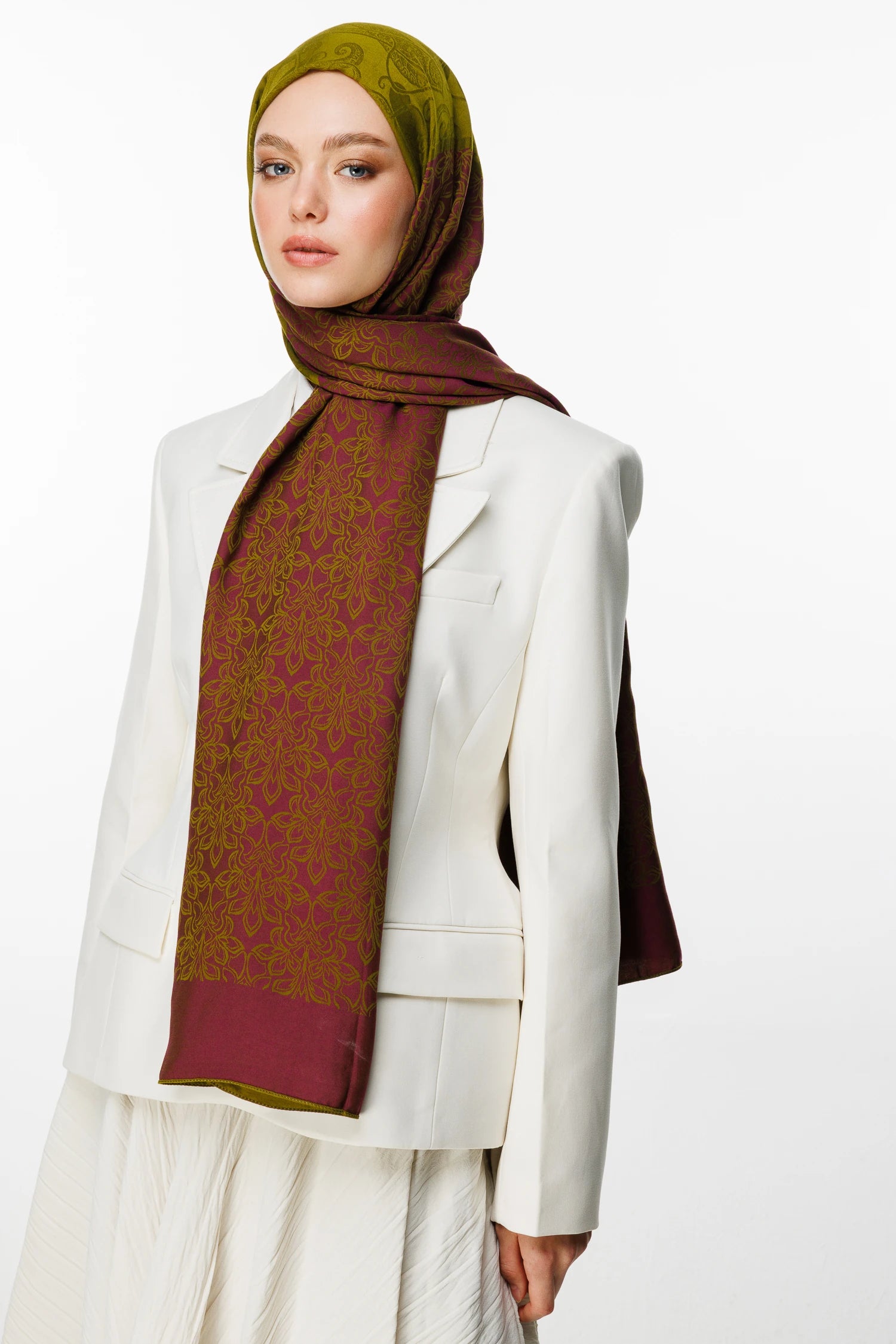 Nora Pattern Double-Sided Scarf - Olive Green-Plum