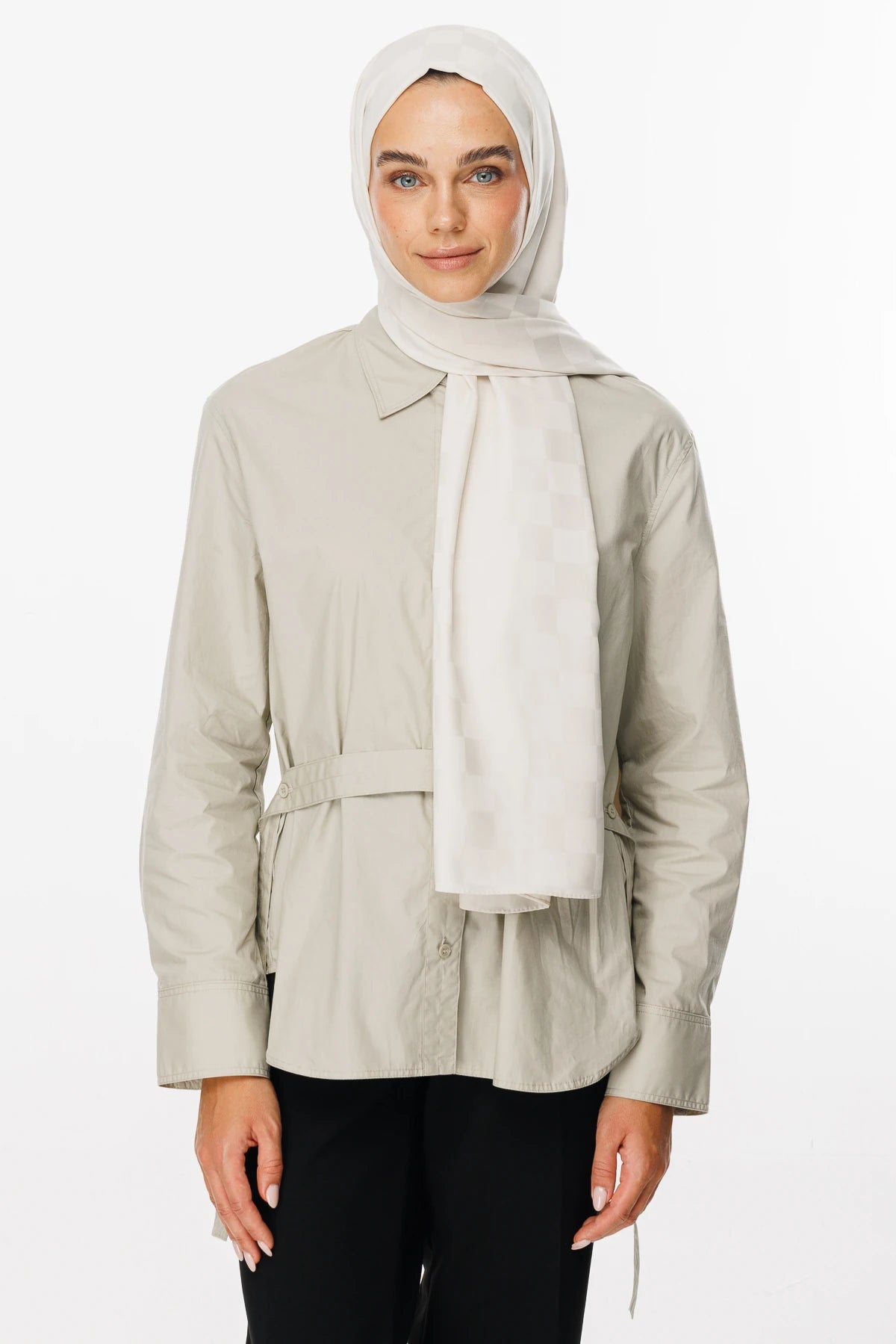 Checkerboard Pattern Silky Jacquard Shawl - Pearl