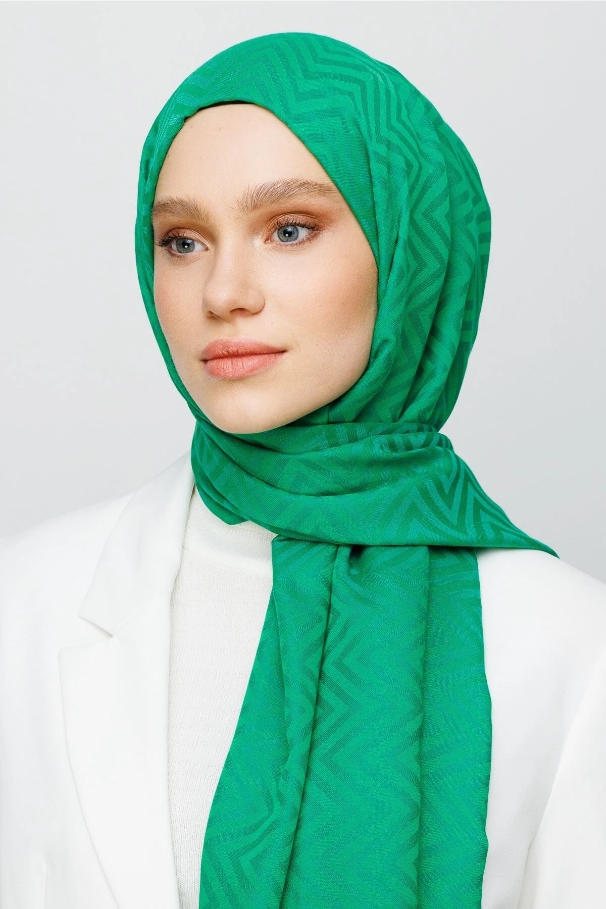 Zigzag Pattern Cotton Jacquard Shawl - Benetton Green