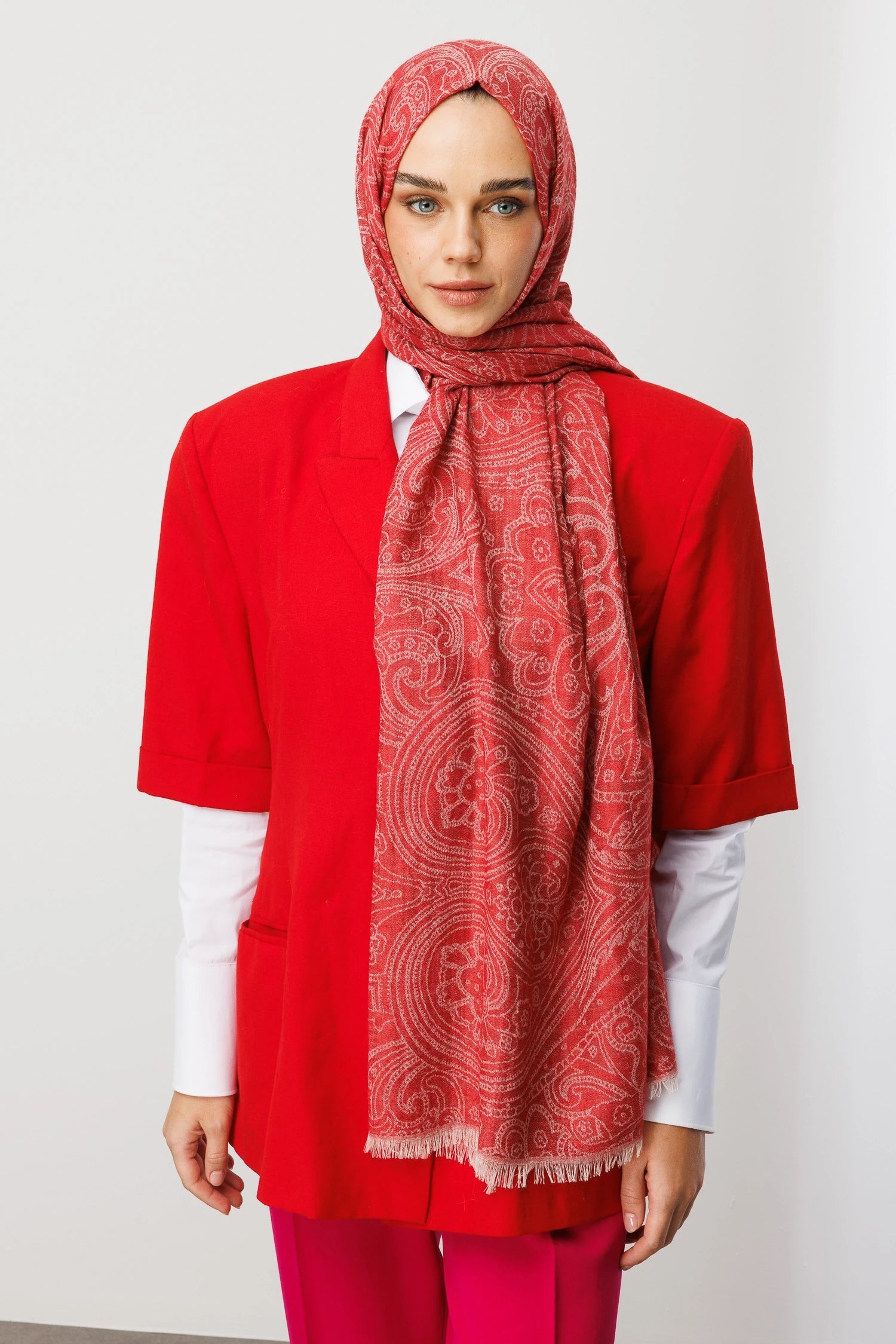 Rumi Pattern Wool Cashmere Shawl - Red