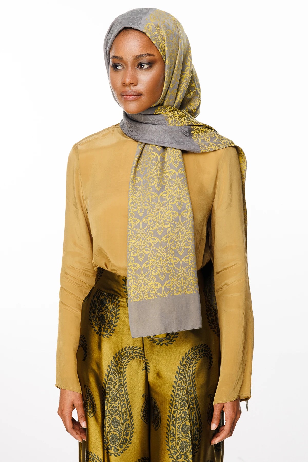 Nora Pattern Double-Sided Scarf - Dark Grey-Mustard