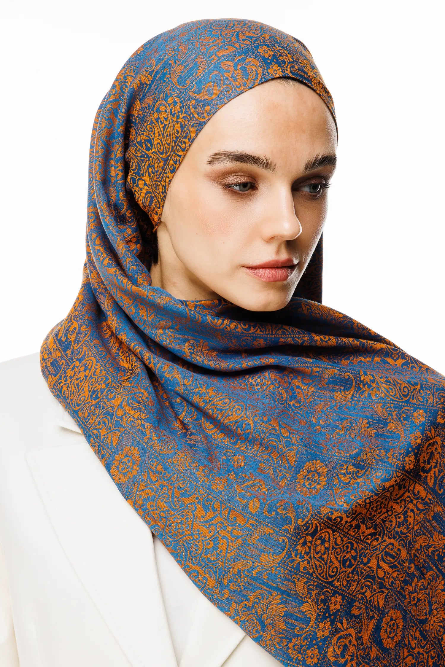 Henna Pattern Double-Sided Scarf - Petroleum Blue-Orange