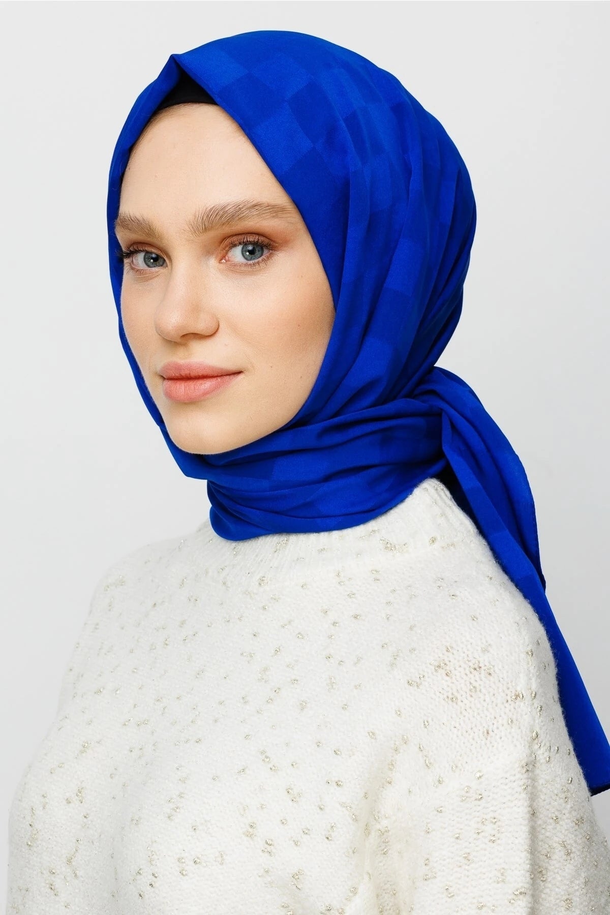 Checkerboard Pattern Silky Jacquard Shawl - Saks Blue