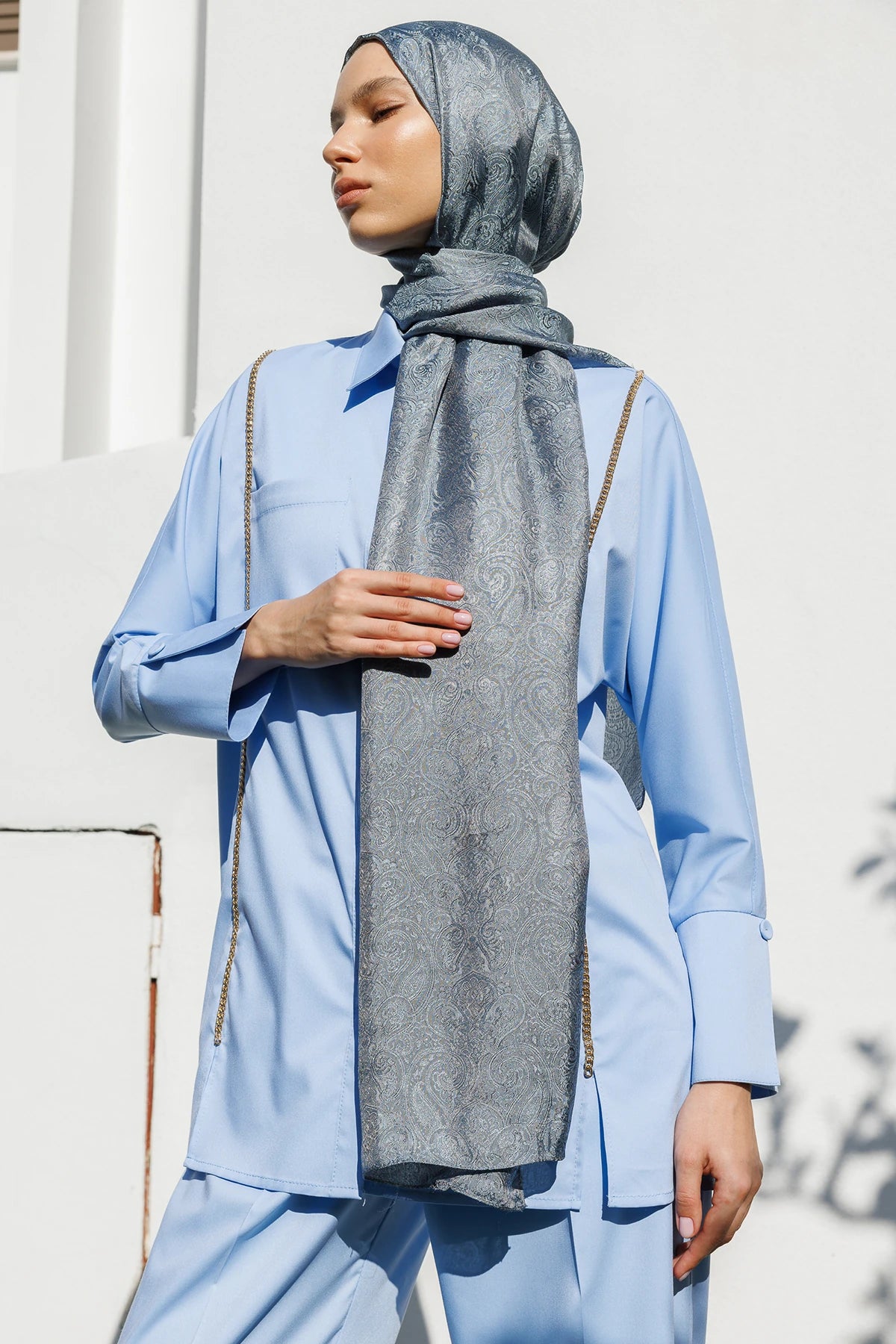 Moren Pattern Shine Line Scarf - Dark Gray-Light Blue