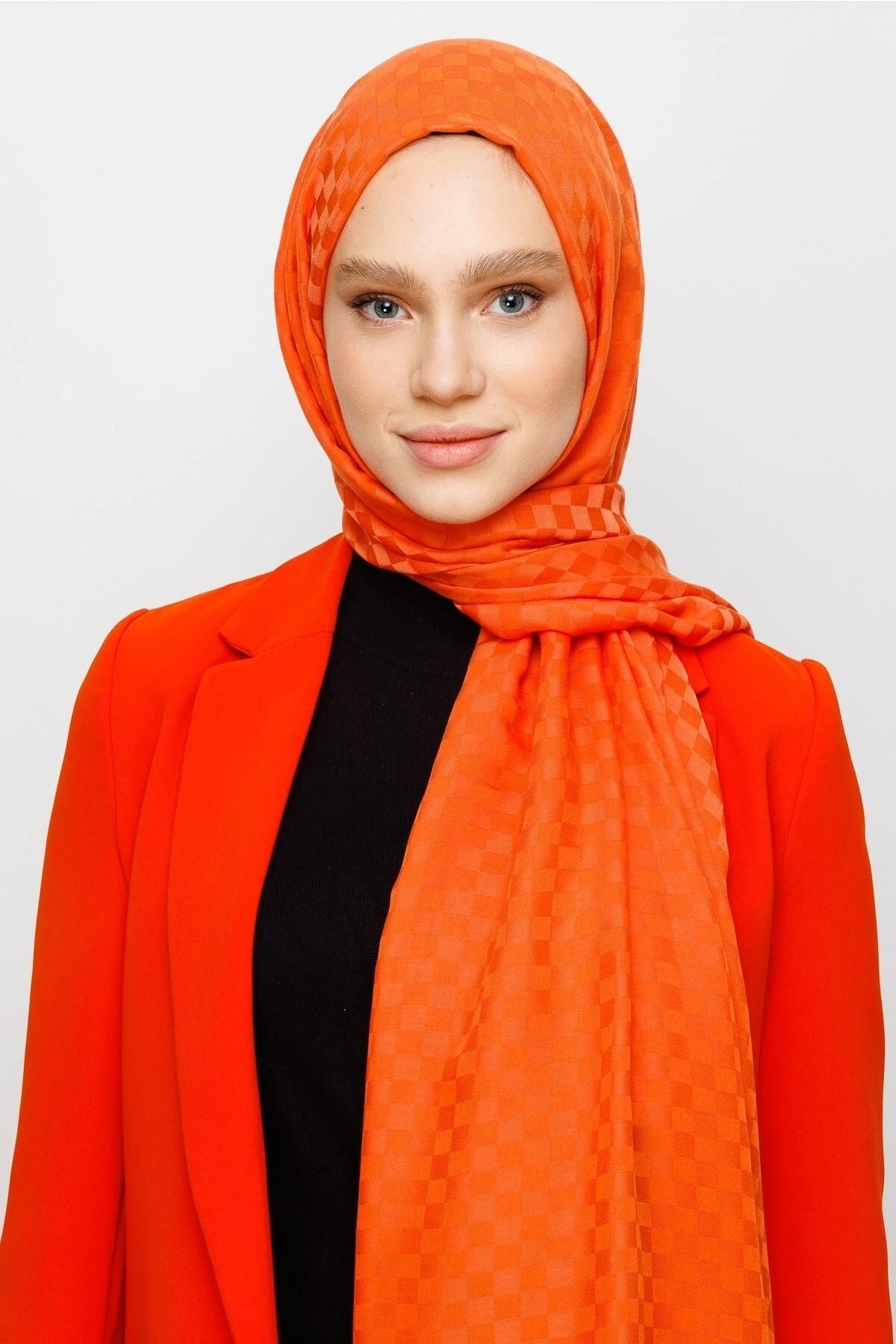 Square Pattern Cotton Jacquard Scarf - Orange