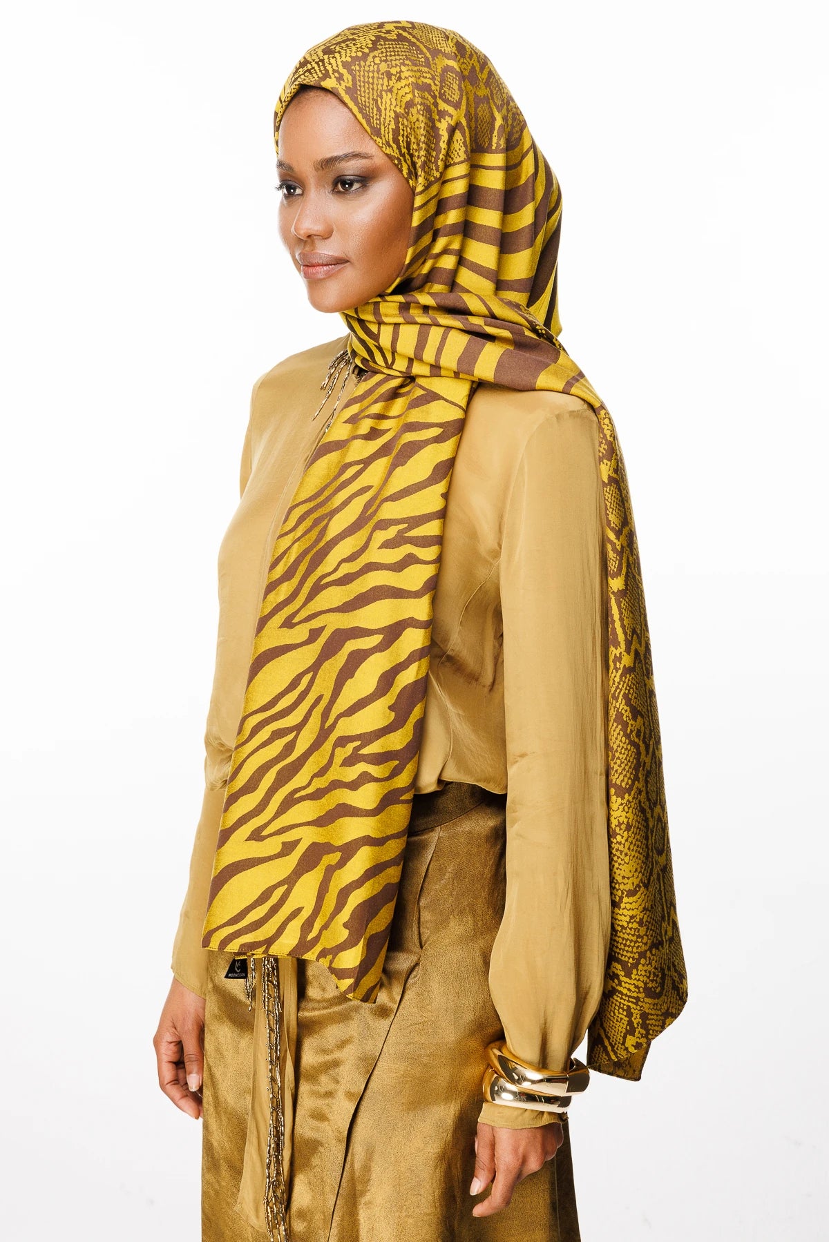 Riad Pattern Double-Sided Shawl - Bitter Coffee-Mustard