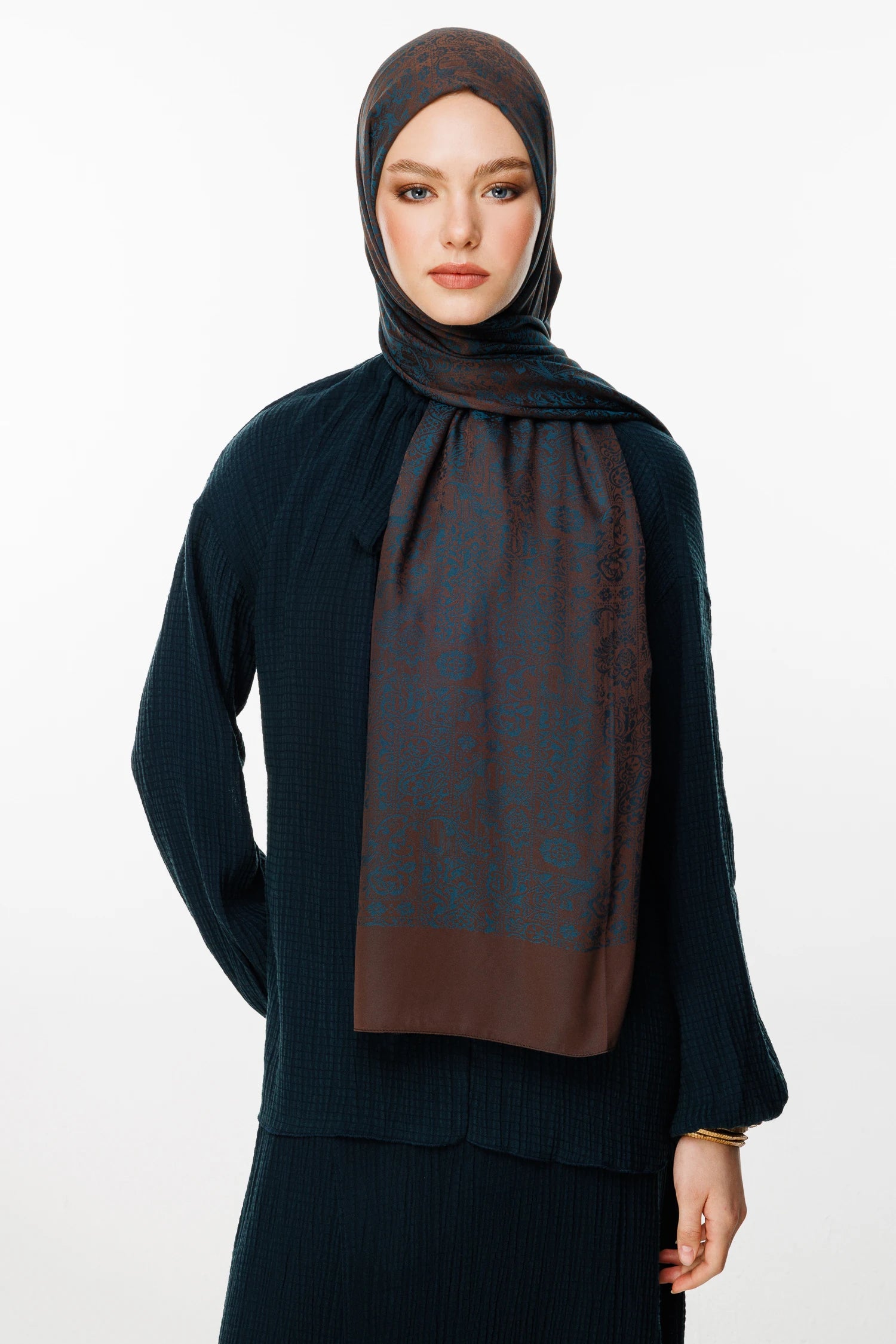Henna Pattern Double-Sided Scarf - Bitter Coffee-Petrol Blue
