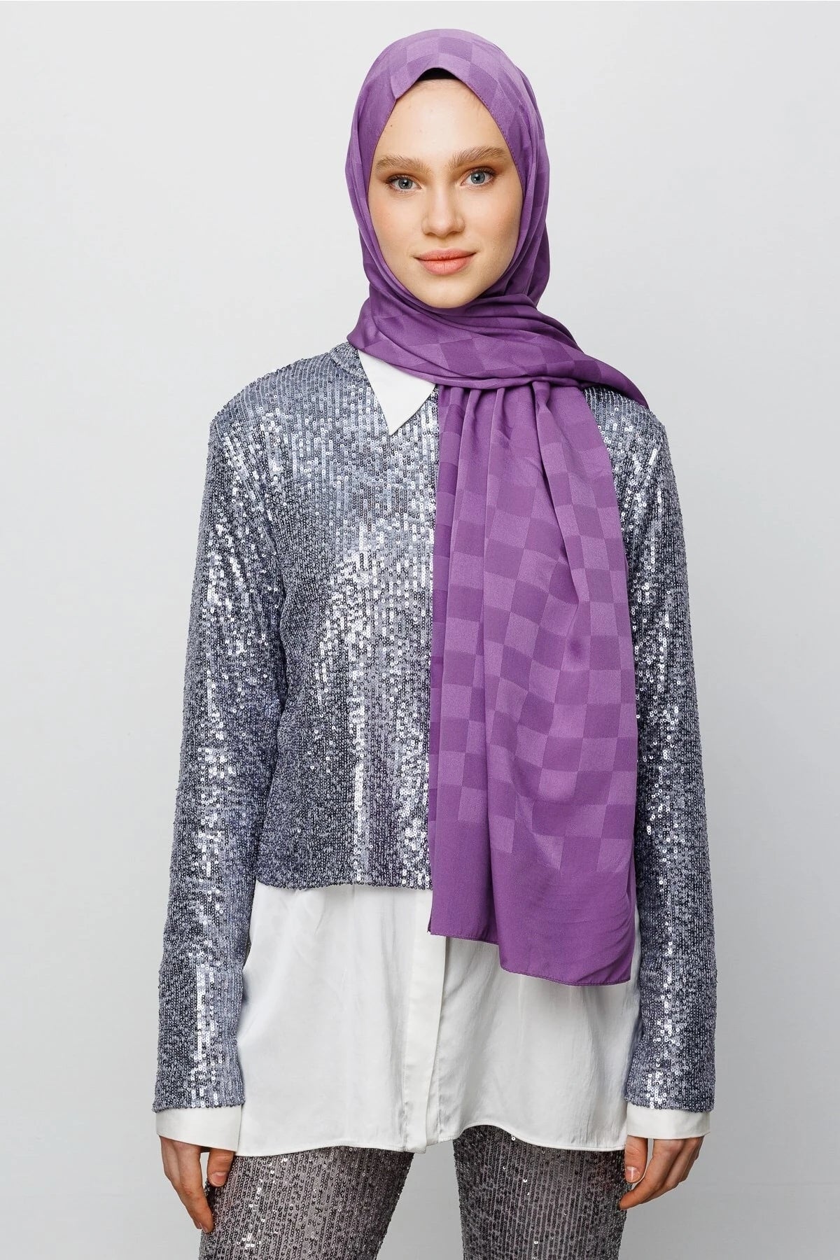 Checkerboard Pattern Silky Jacquard Shawl - Lavender