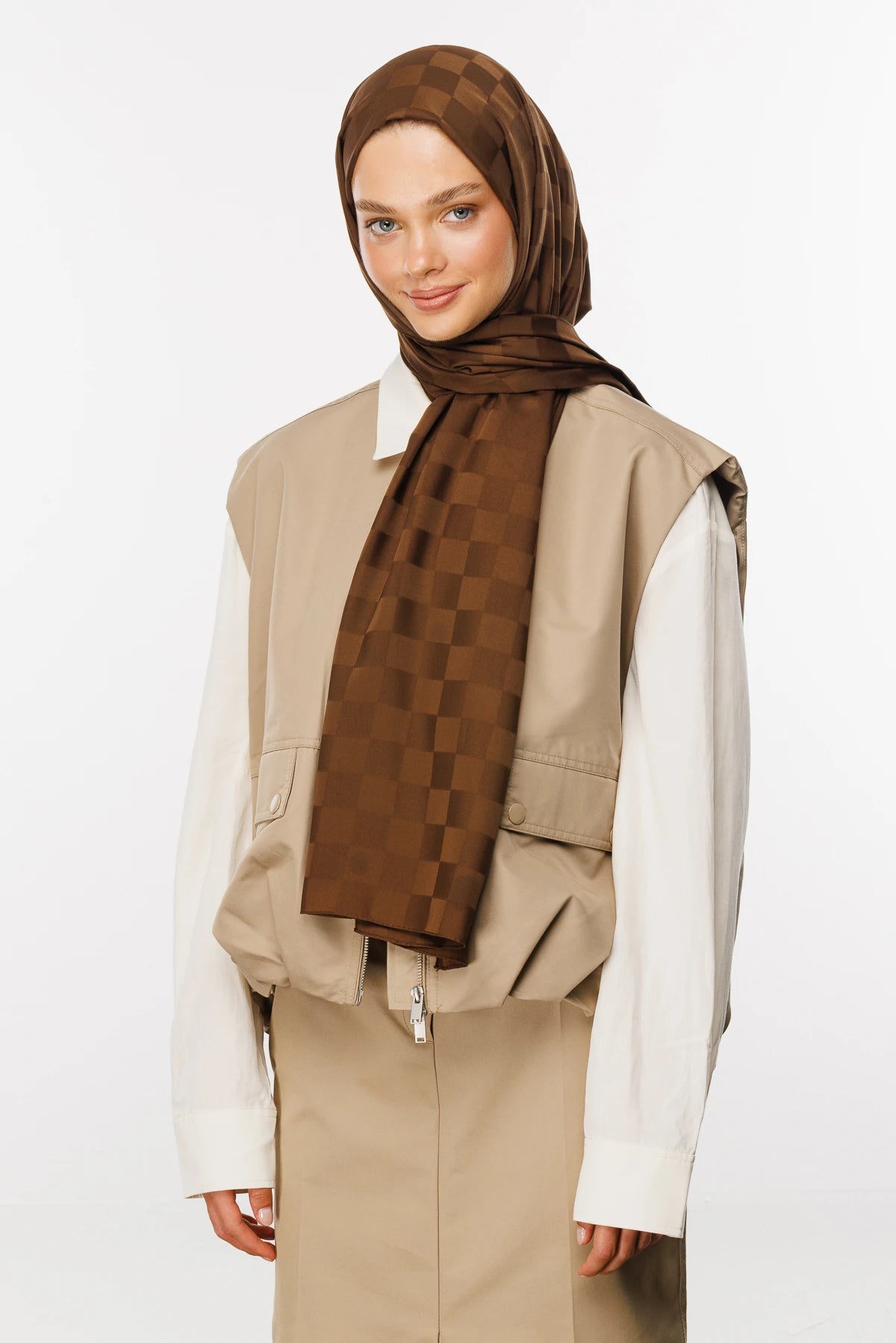 Checkerboard Pattern Silky Jacquard Shawl - Bitter