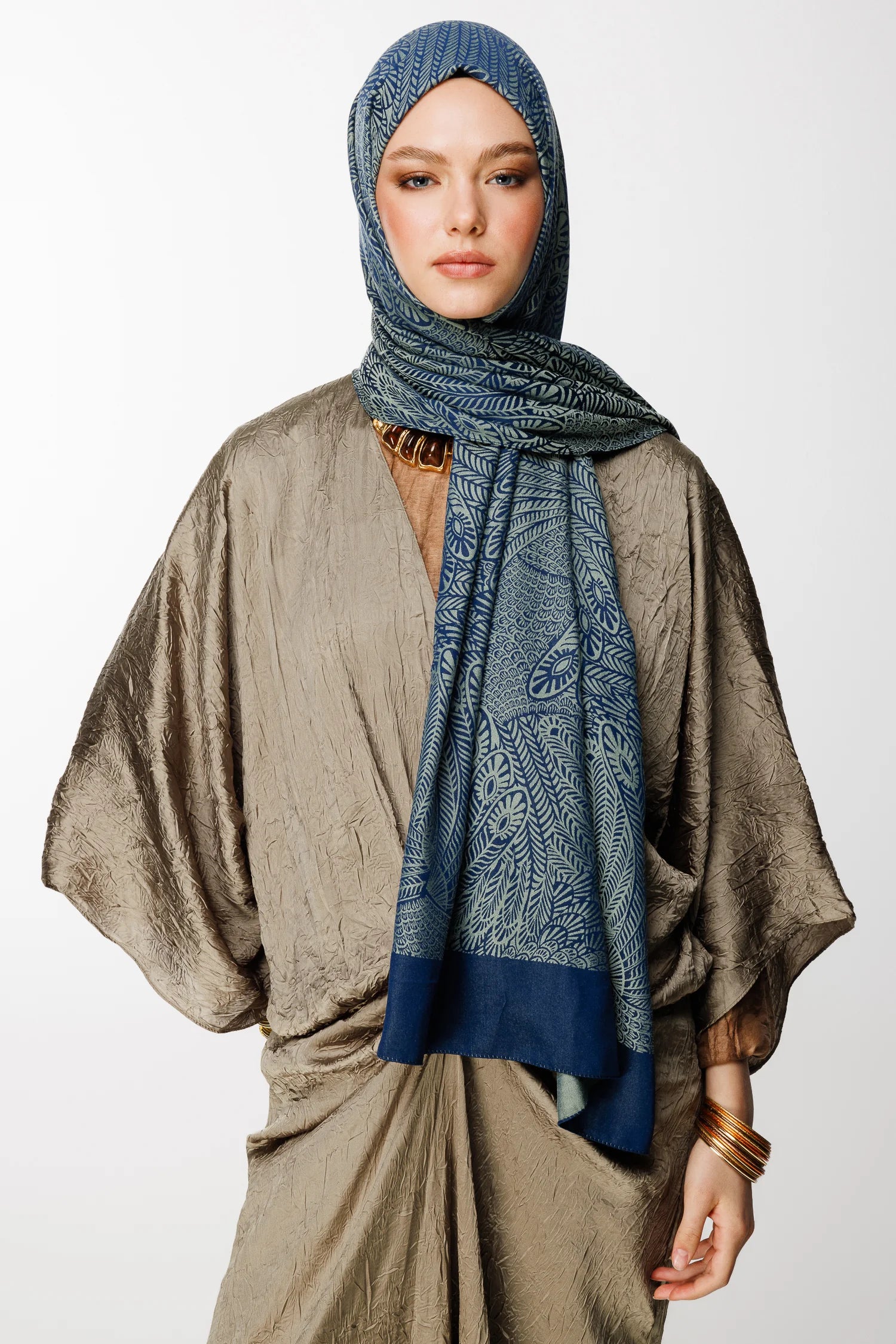 Mayra Pattern Double-Sided Scarf - Navy Blue-Aqua Green