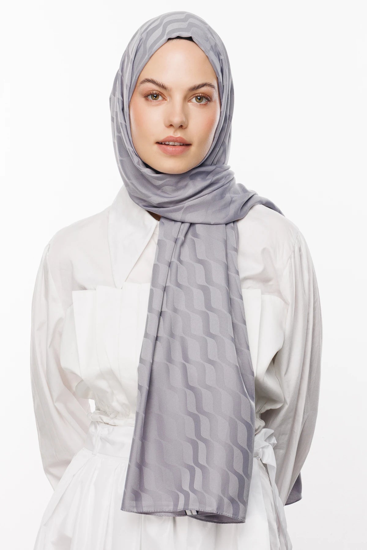 Wave Pattern Silky Jacquard Scarf - Mineral Grey