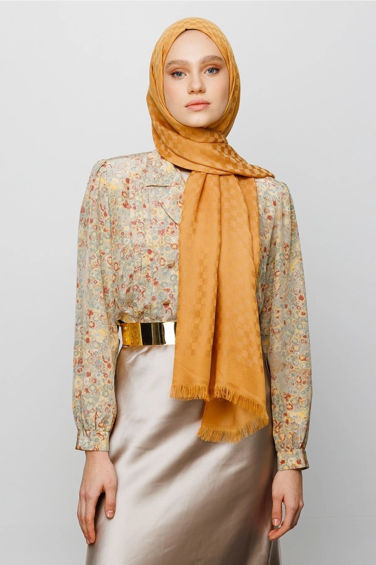 Square Pattern Cotton Jacquard Scarf - Mustard