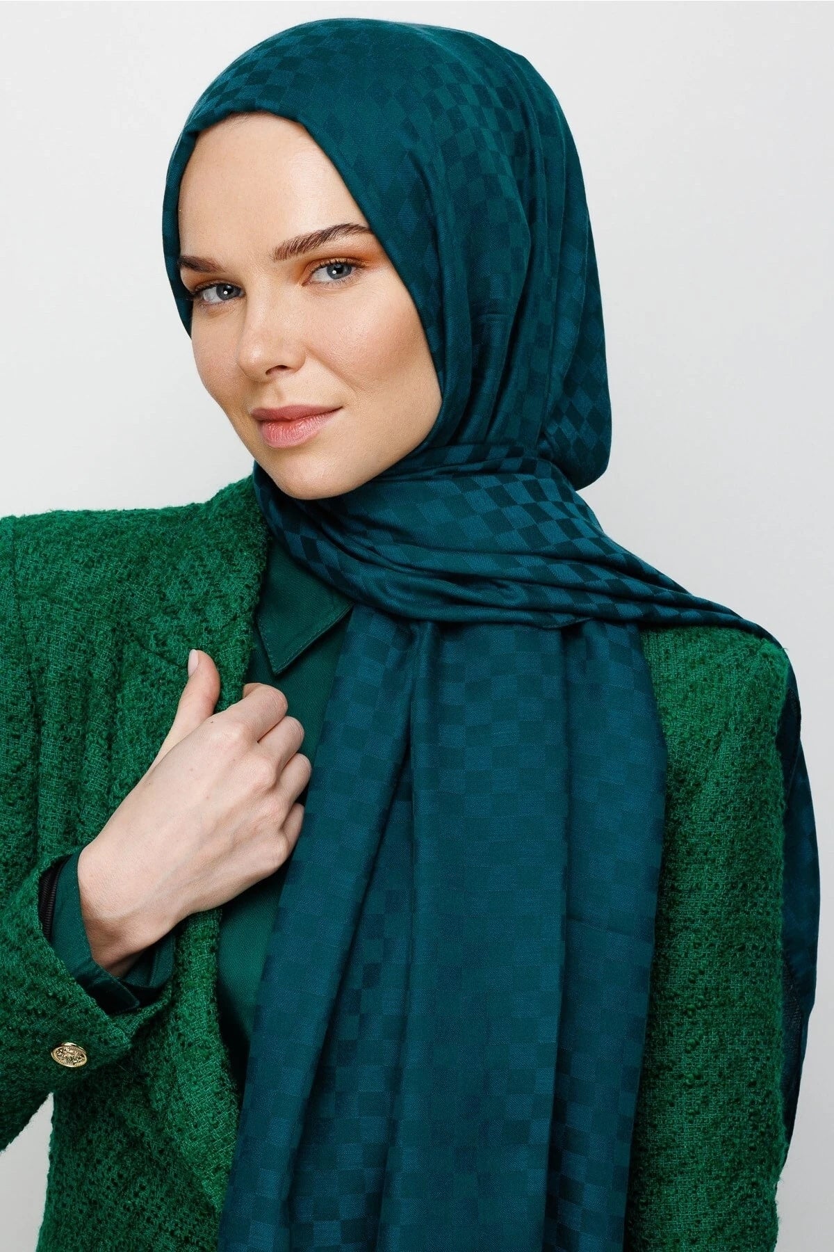 Square Pattern Cotton Jacquard Scarf - Emerald