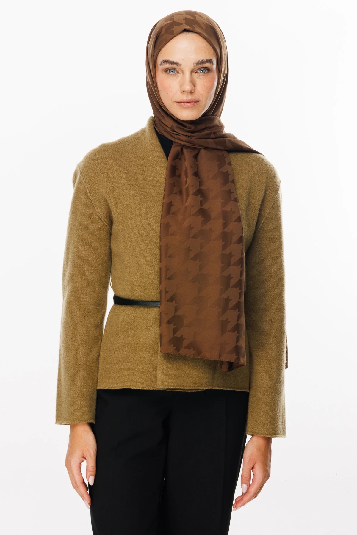 Houndstooth Pattern Silky Jacquard Shawl - Bitter