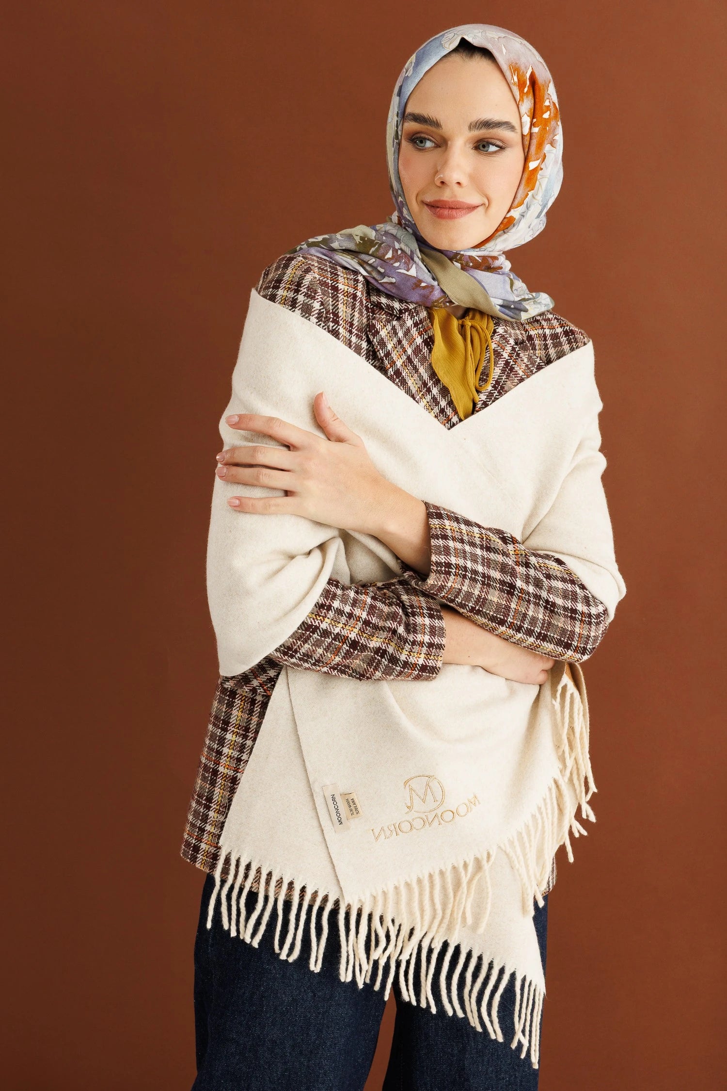 Double-Sided Wool Scarf - Mustard Cream