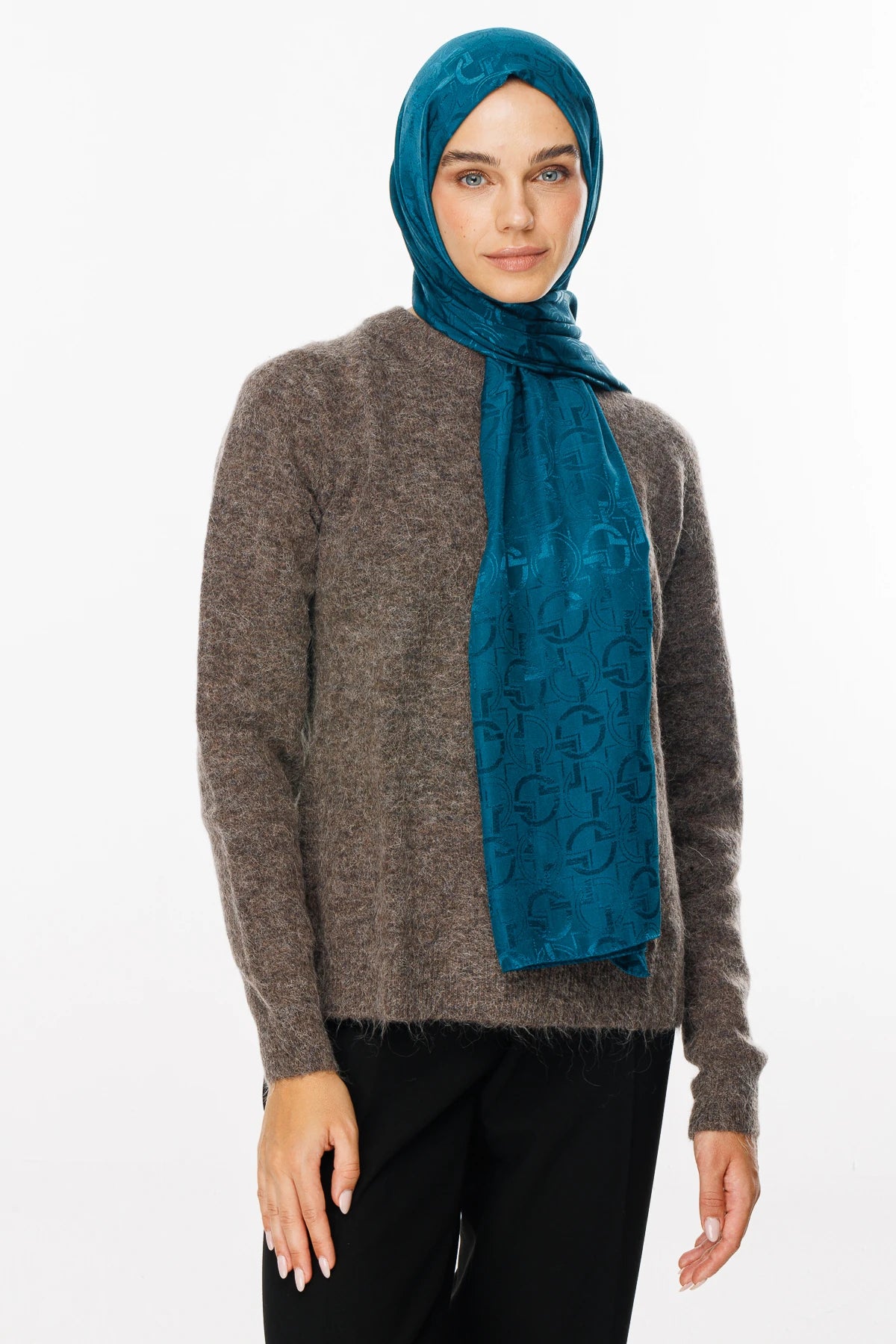 Longar Pattern Shiny Jacquard Scarf - Petroleum Blue