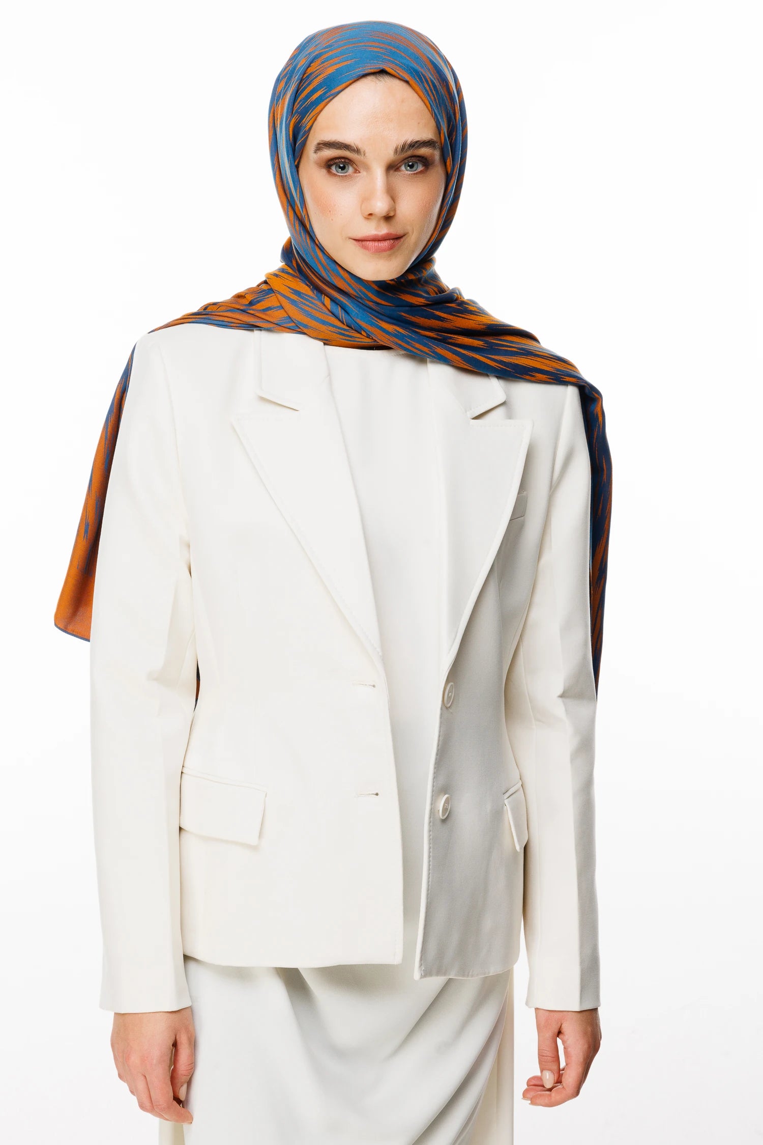 Selis Pattern Double-Sided Scarf - Petroleum Blue-Orange