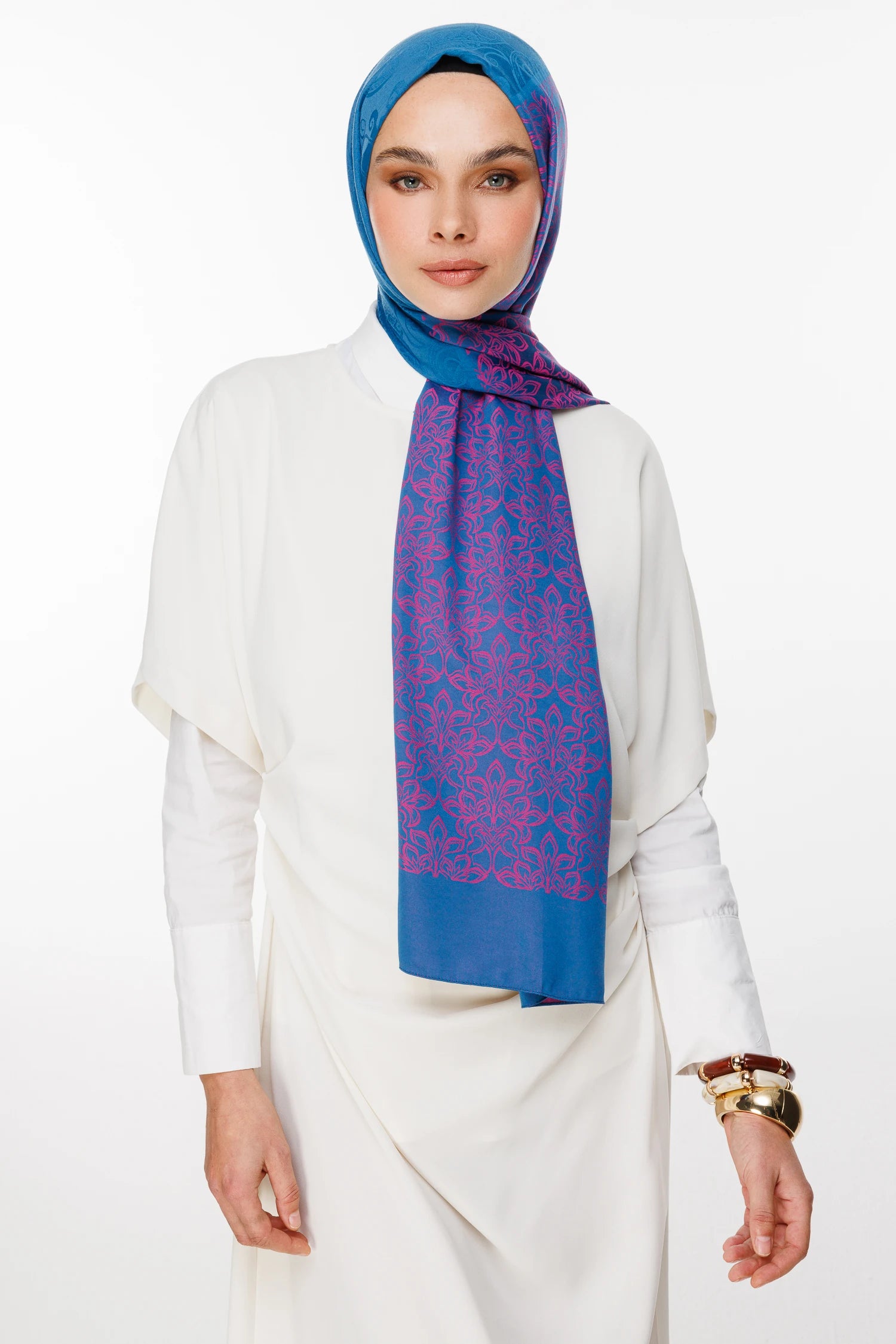 Nora Pattern Double-Sided Scarf - Petrol Blue-Fuchsia