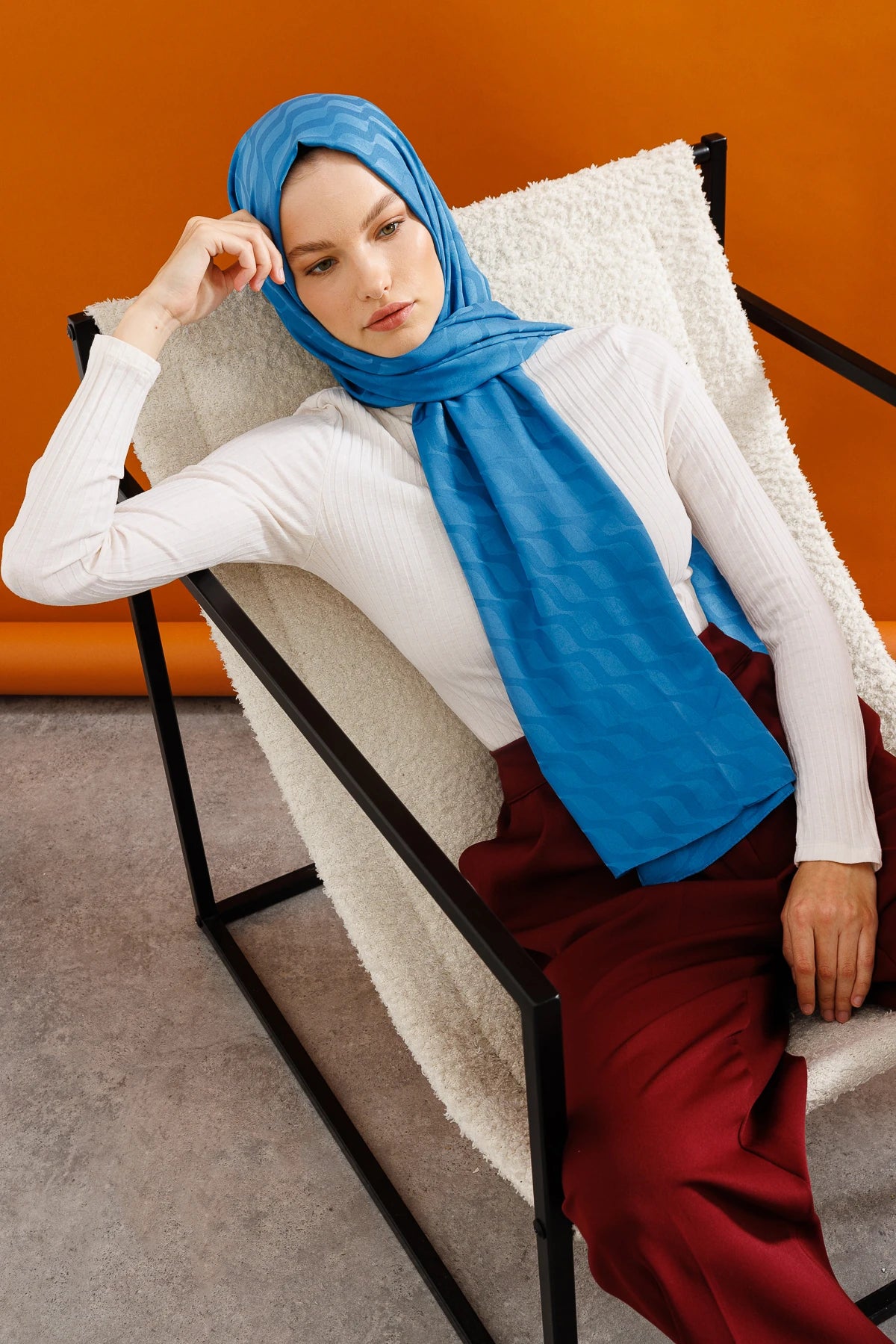 Wave Pattern Silky Jacquard Scarf - Blue