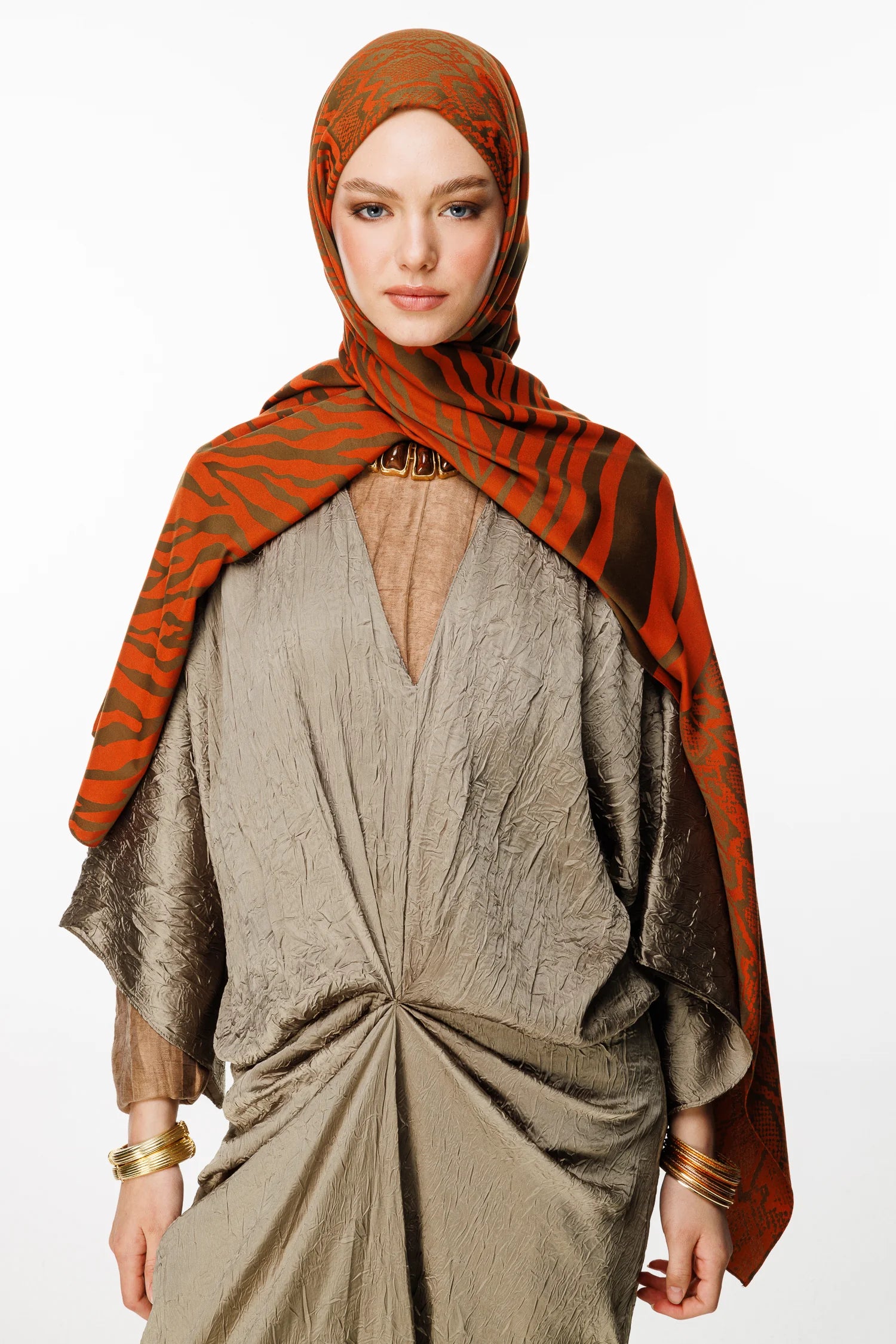 Riad Pattern Double-Sided Shawl - Dark Khaki-Cinnamon