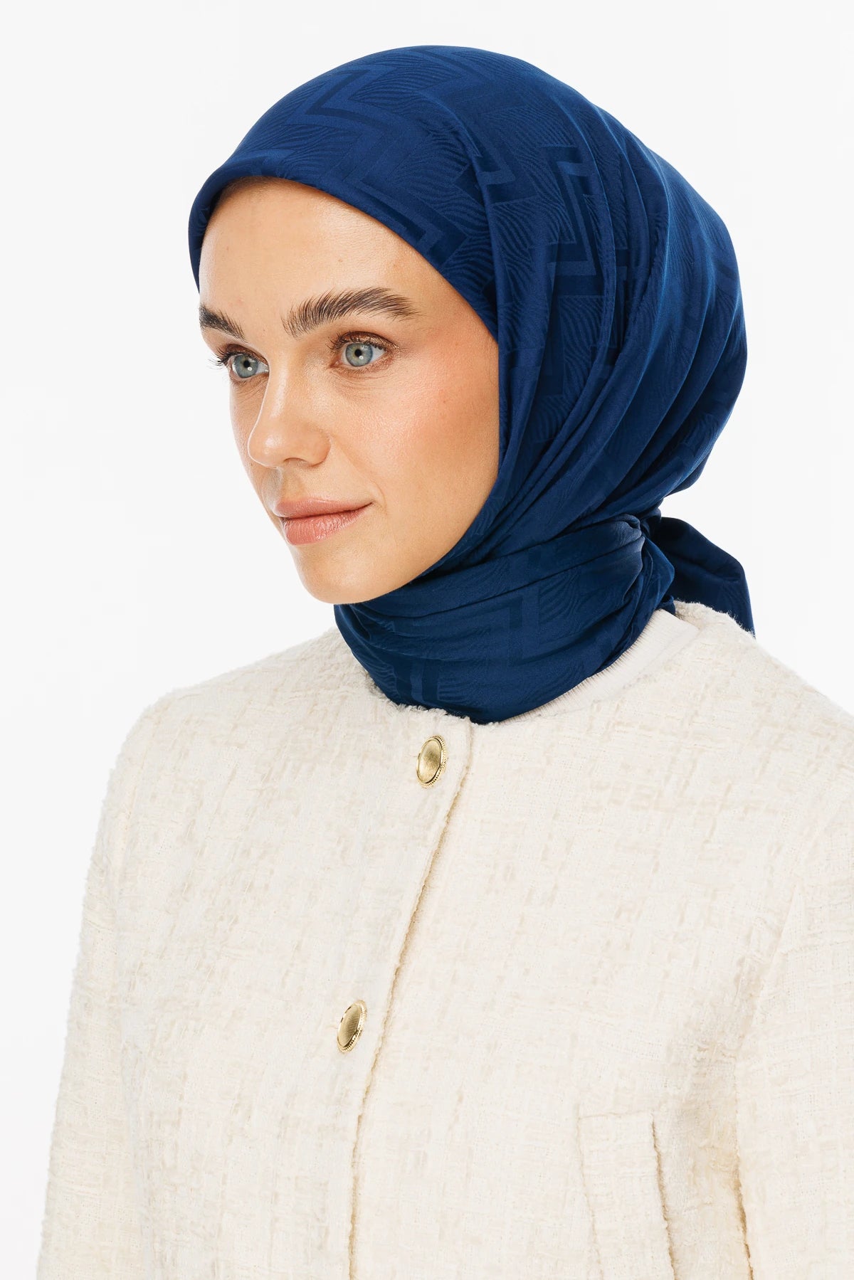 Viora Pattern Silky Jacquard Scarf - Navy blue