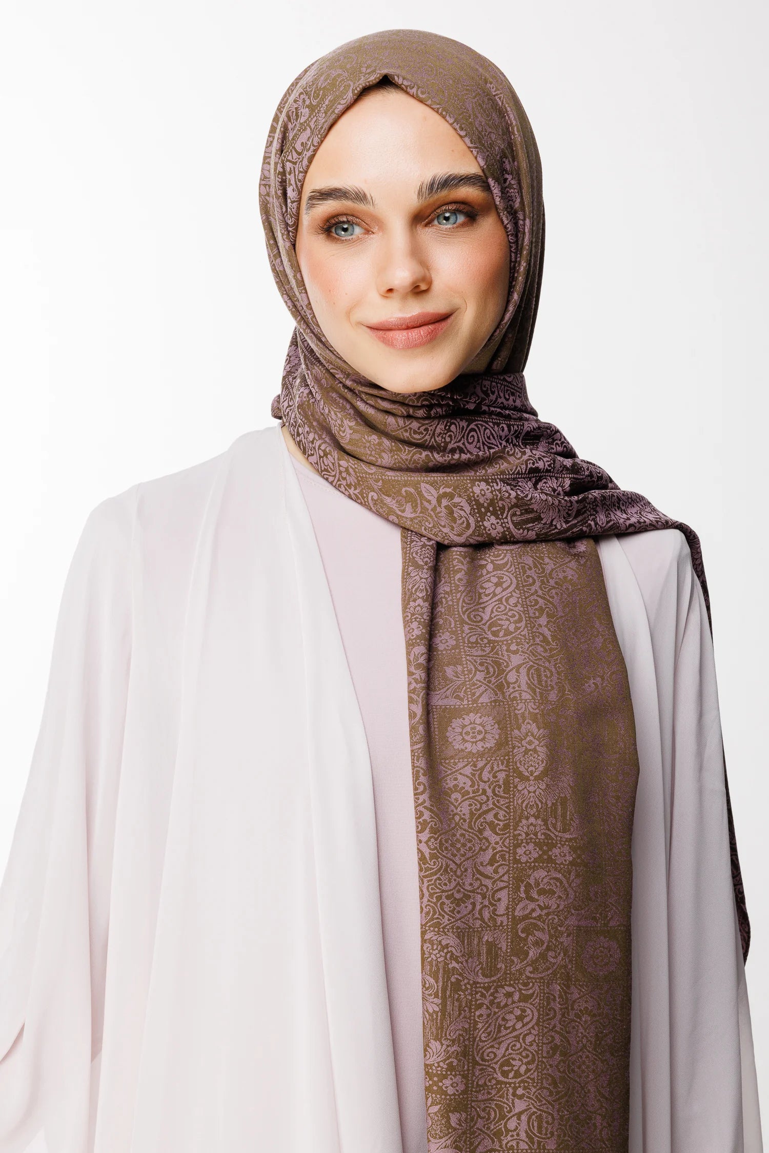 Henna Pattern Double-Sided Scarf - Dark Khaki - Dark Rose