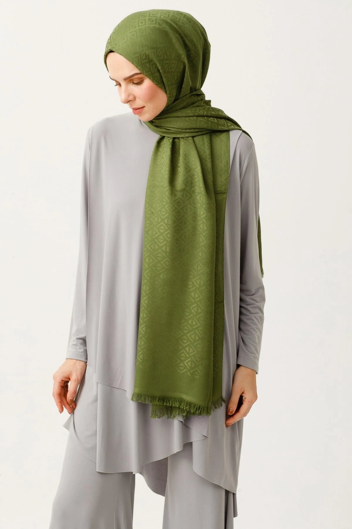 Triangle Pattern Cotton Jacquard Scarf - Khaki