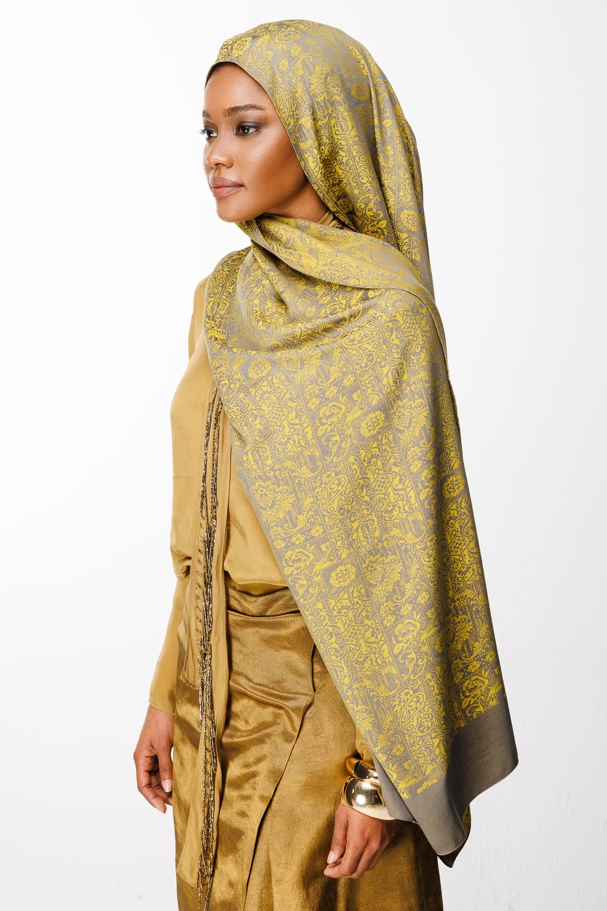 Henna Pattern Double-Sided Scarf - Dark Grey-Mustard