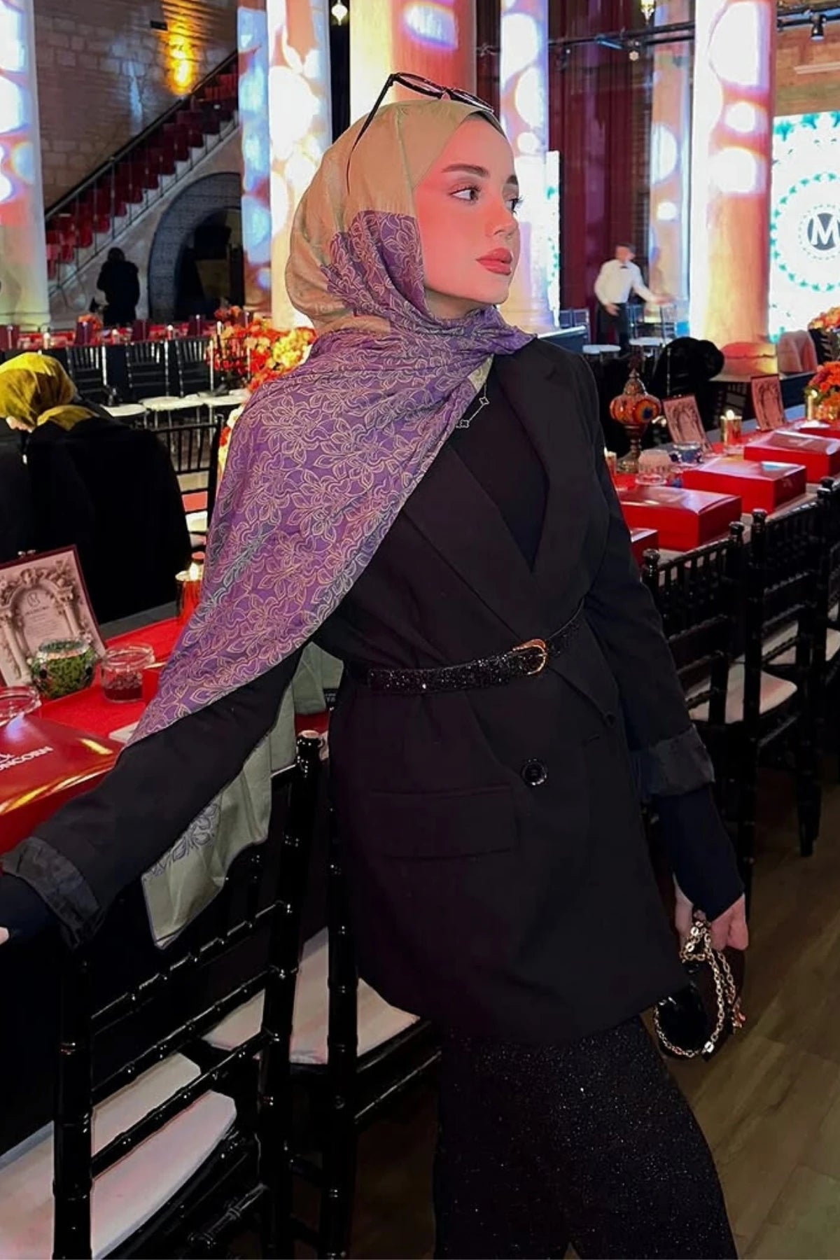 Nora Pattern Double-Sided Scarf - Olive-Purple