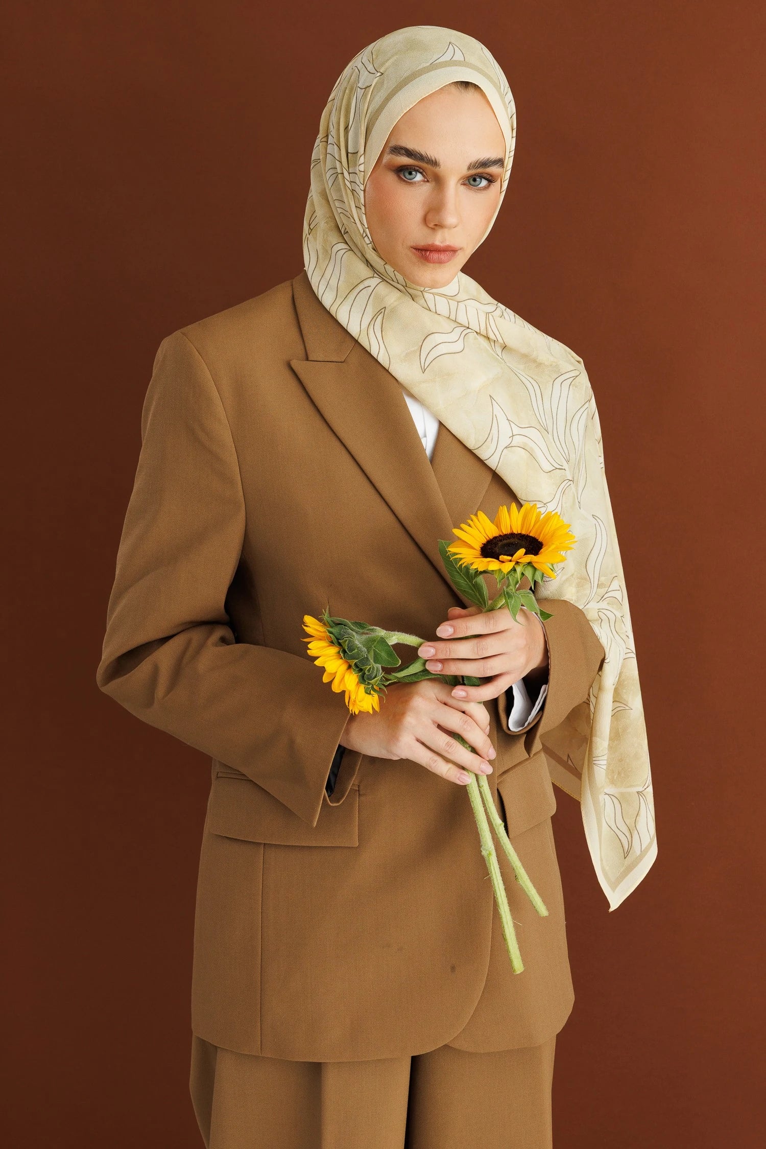 Frond Pattern Hebei Silk Scarf - Cream