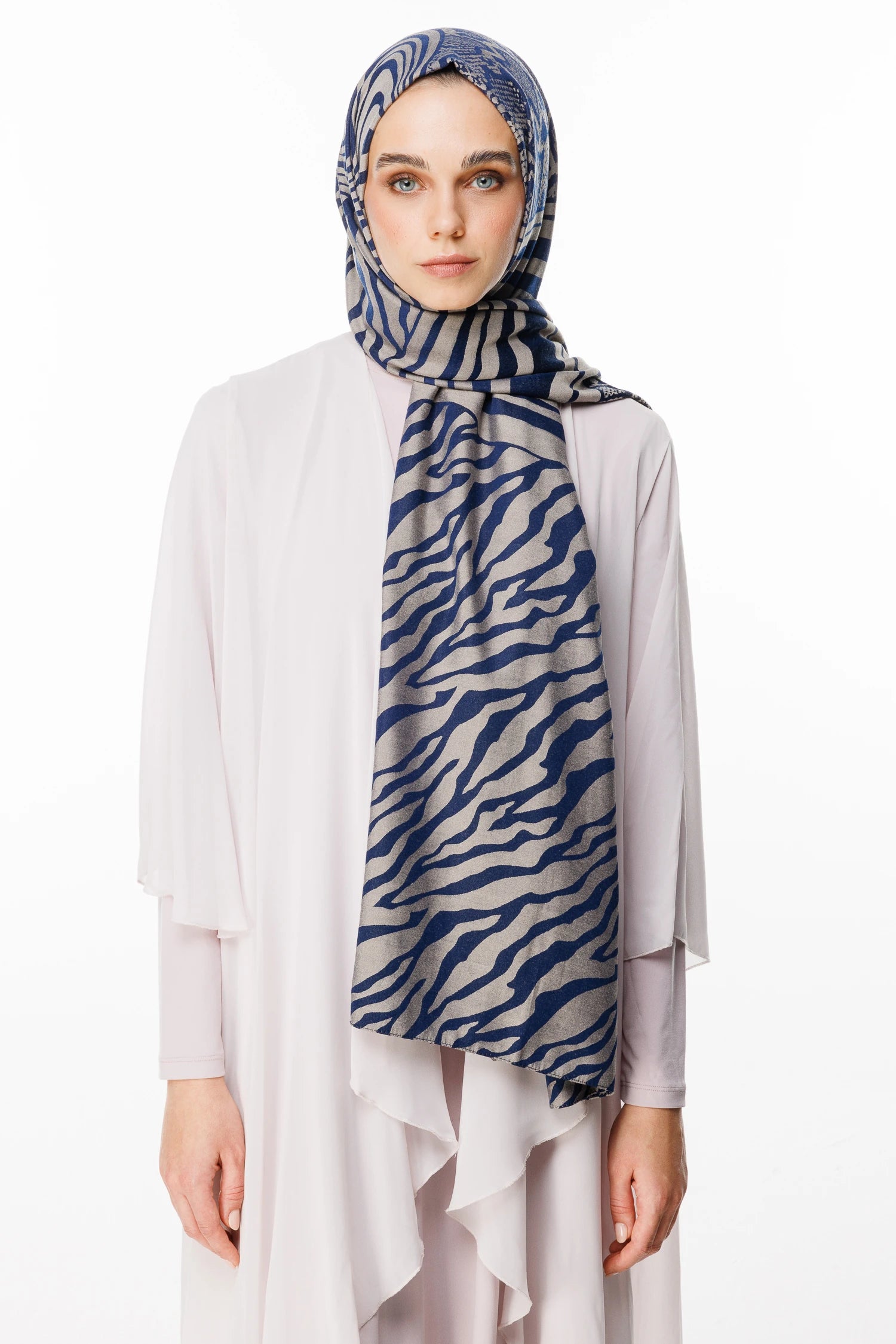Riad Pattern Double-Sided Shawl - Navy Blue-Beige