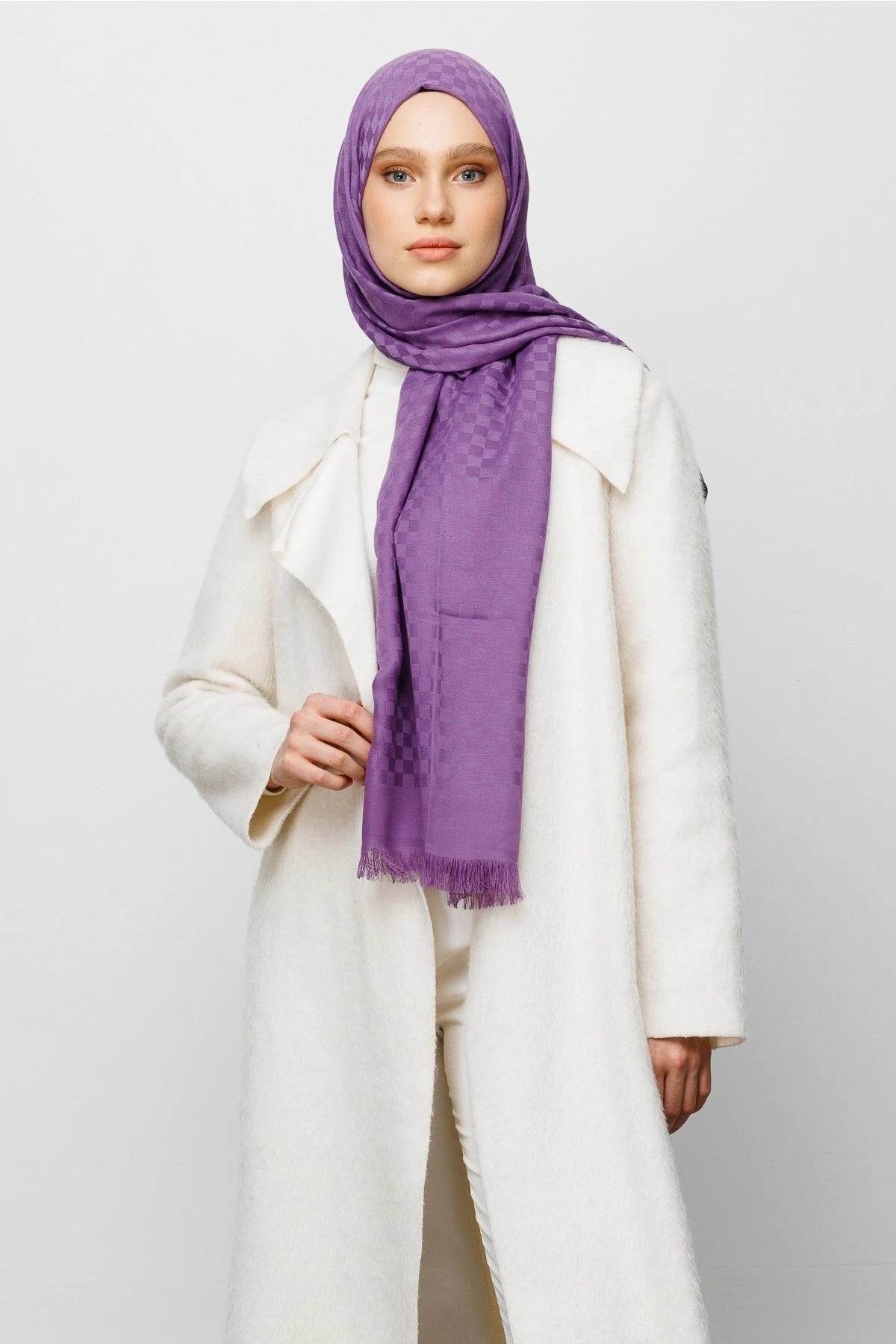 Square Pattern Cotton Jacquard Scarf - Lavender