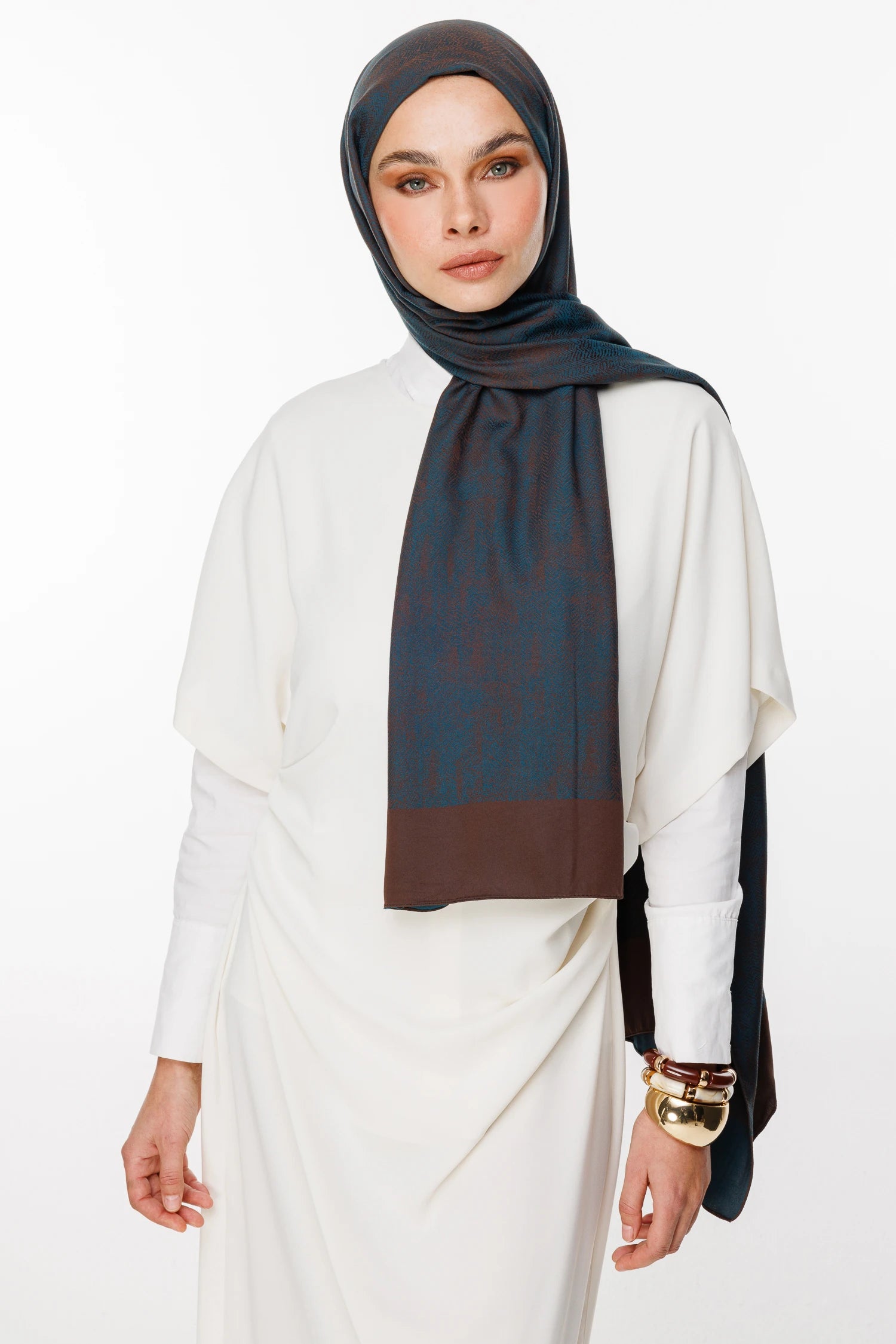 Sahara Pattern Double-Sided Shawl - Bitter Coffee-Petrol Blue