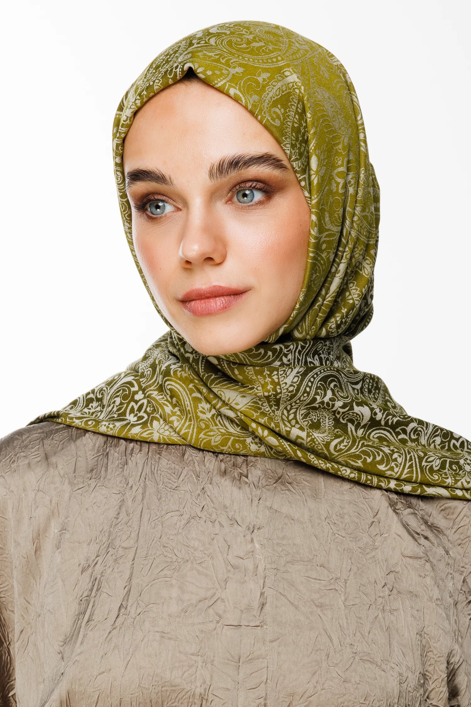 Velora Pattern Double-Sided Scarf - Olive Green-Ecru