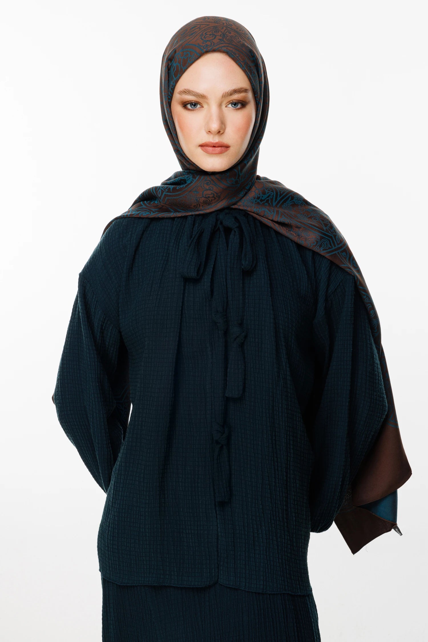Morocco Pattern Double-Sided Scarf - Bitter Coffee-Petrol Blue