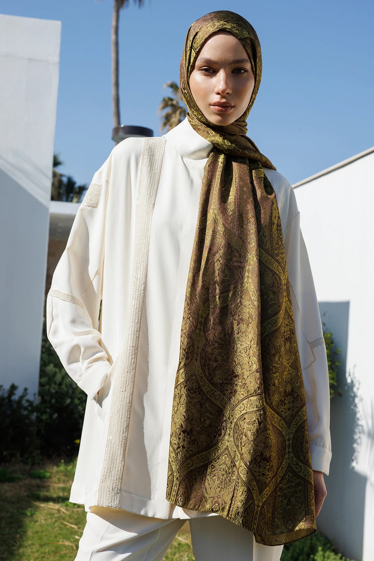 Soler Pattern Shine Line Scarf - Bitter Coffee - Salmon