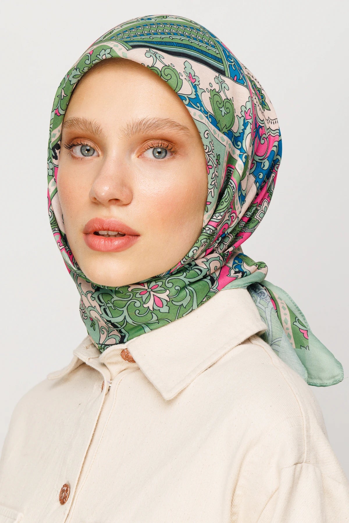 40 Patchwork Design Digital Soft Scarf - Aqua Green