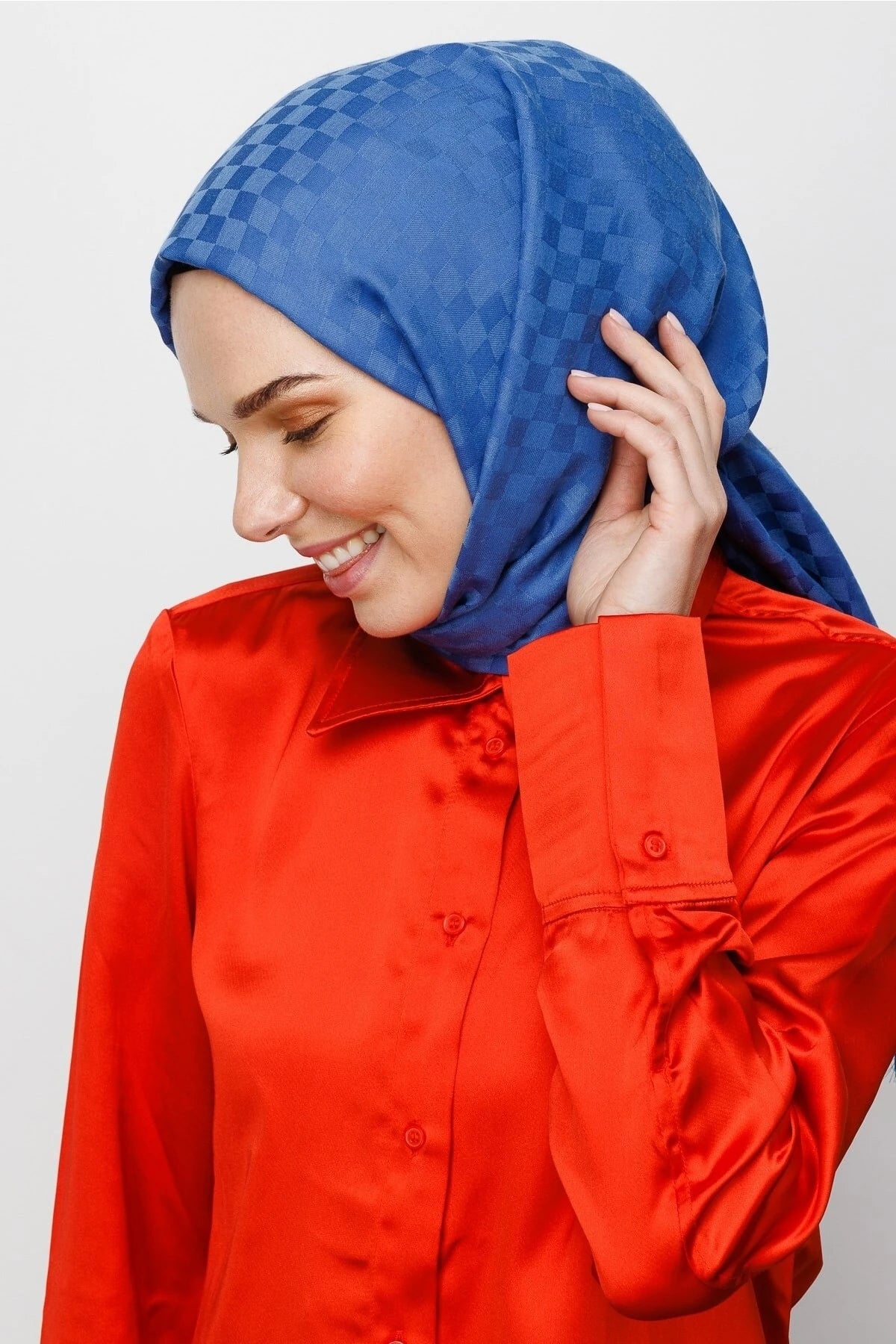 Square Pattern Cotton Jacquard Scarf - Blue