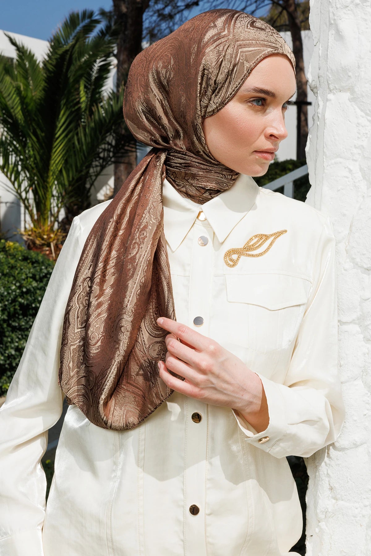 Liva Pattern Shine Line Scarf - Bitter Coffee-Beige