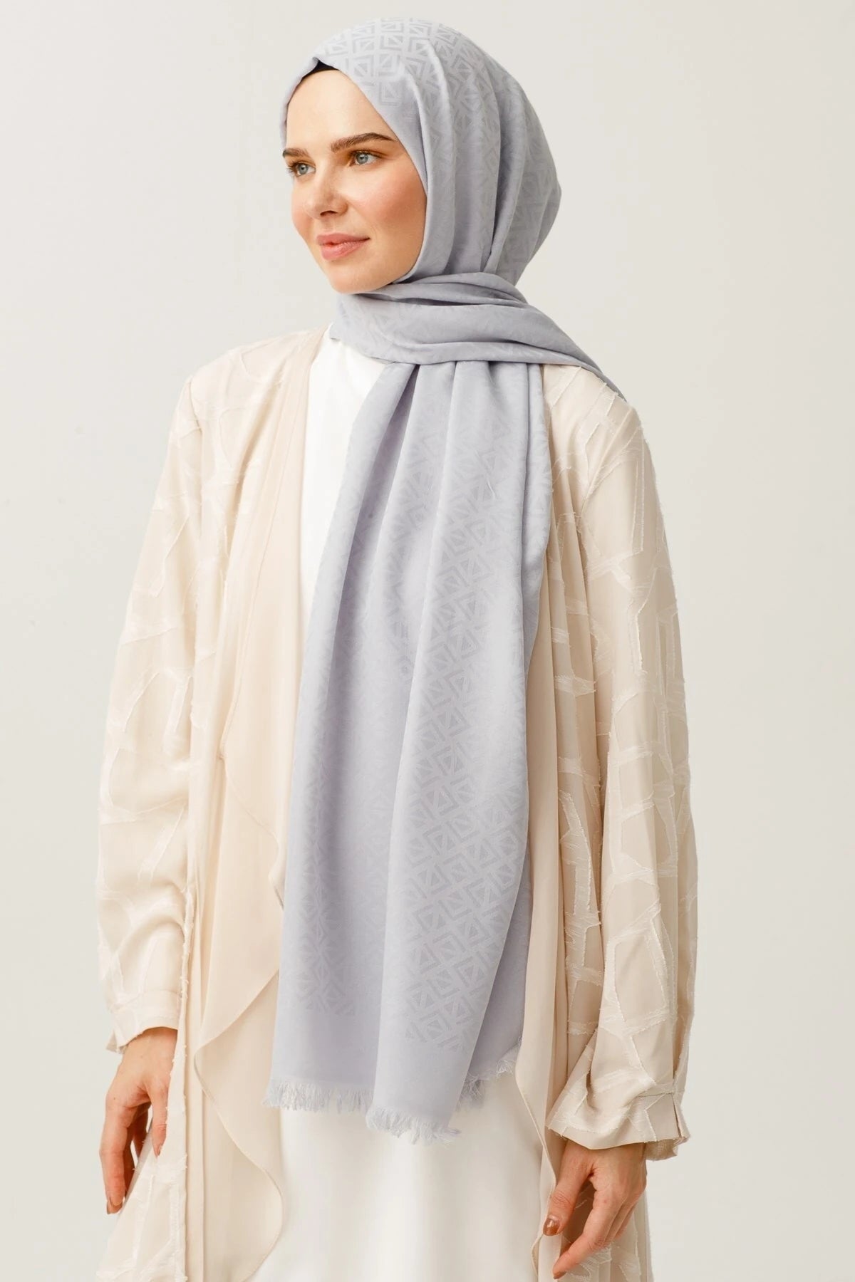 Triangle Pattern Cotton Jacquard Scarf - Silver