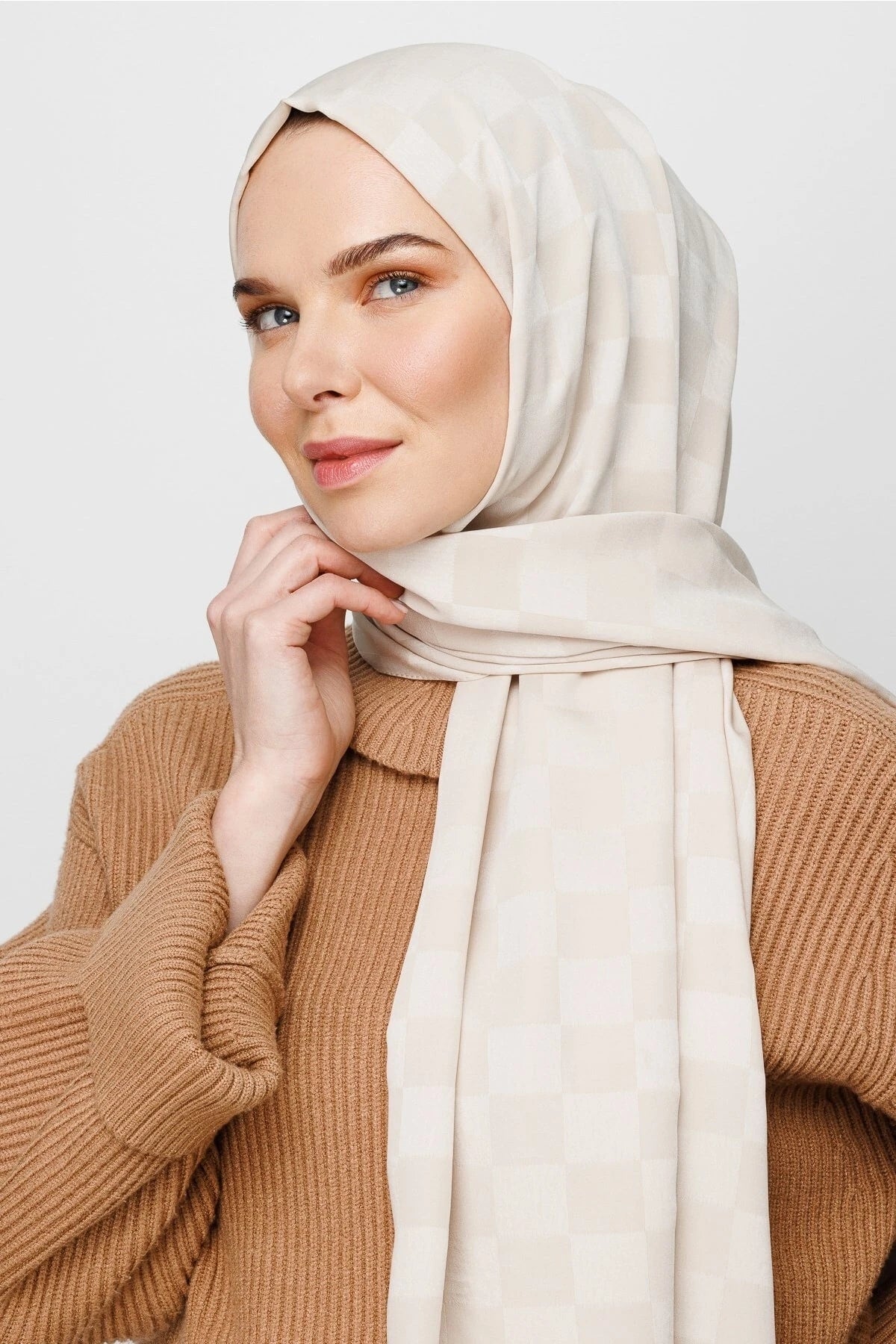 Checkerboard Pattern Silky Jacquard Shawl - Stone Color