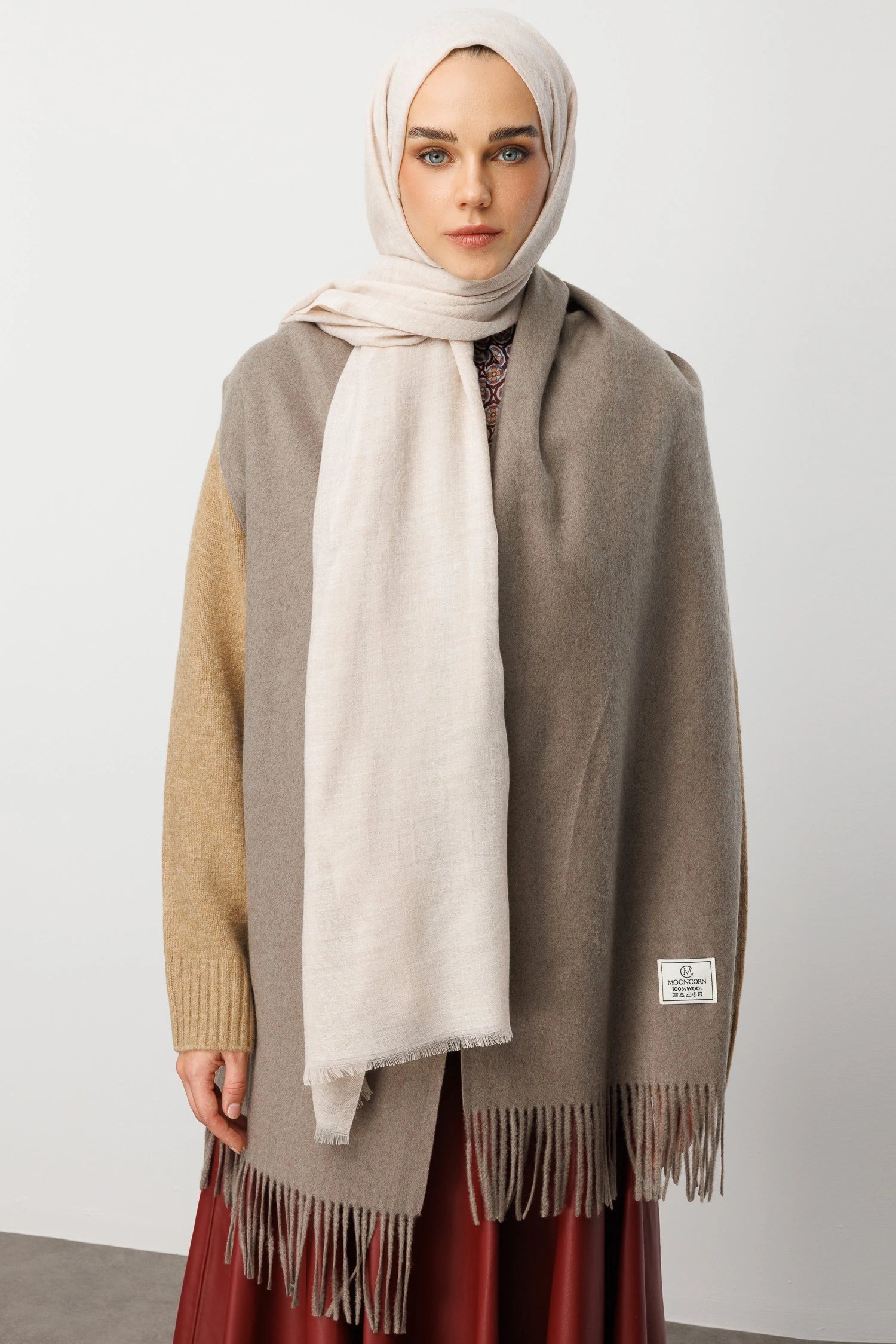 Rumi Pattern Wool Cashmere Shawl - Stone Color