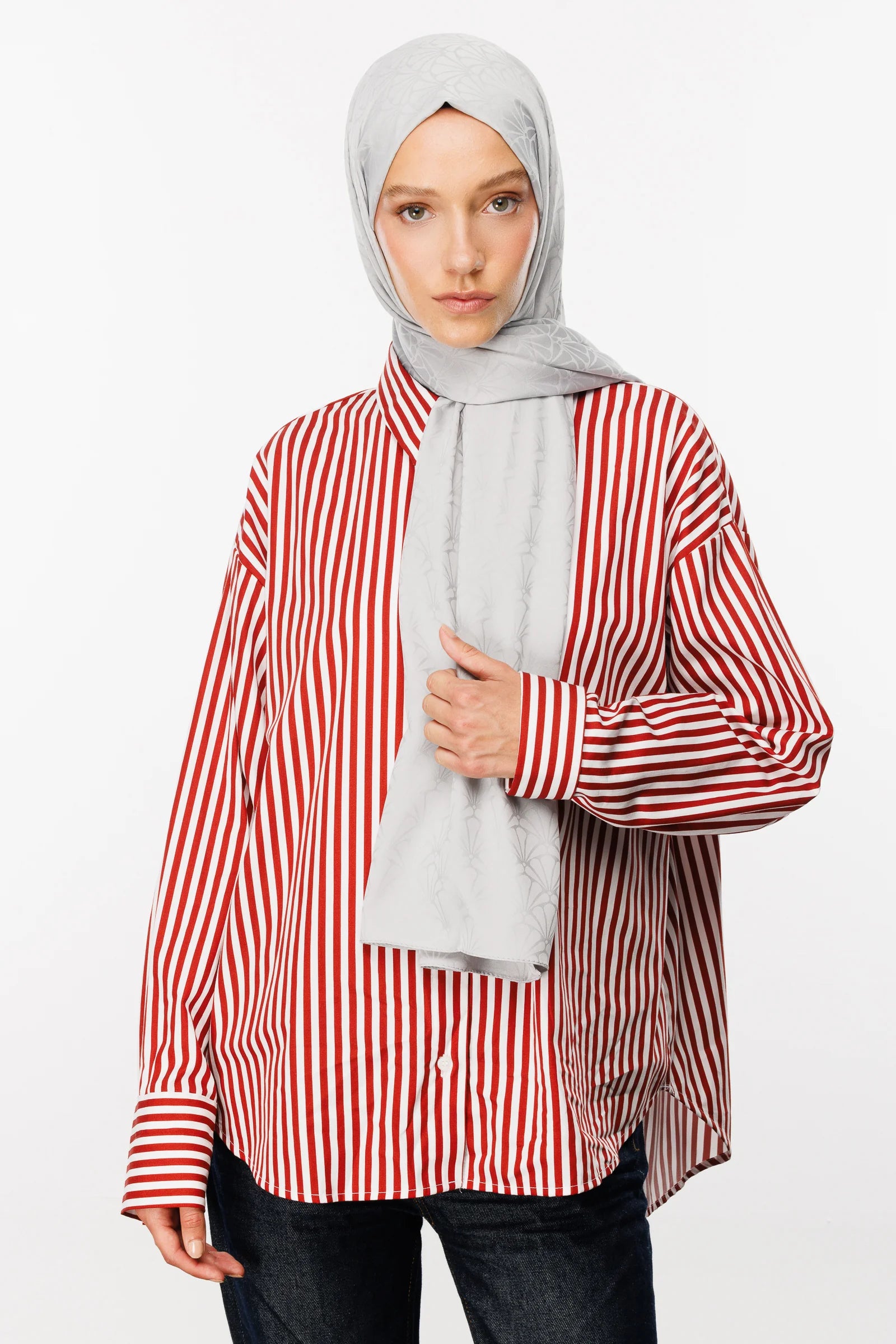 Lotus Pattern Silky Jacquard Scarf - Silver
