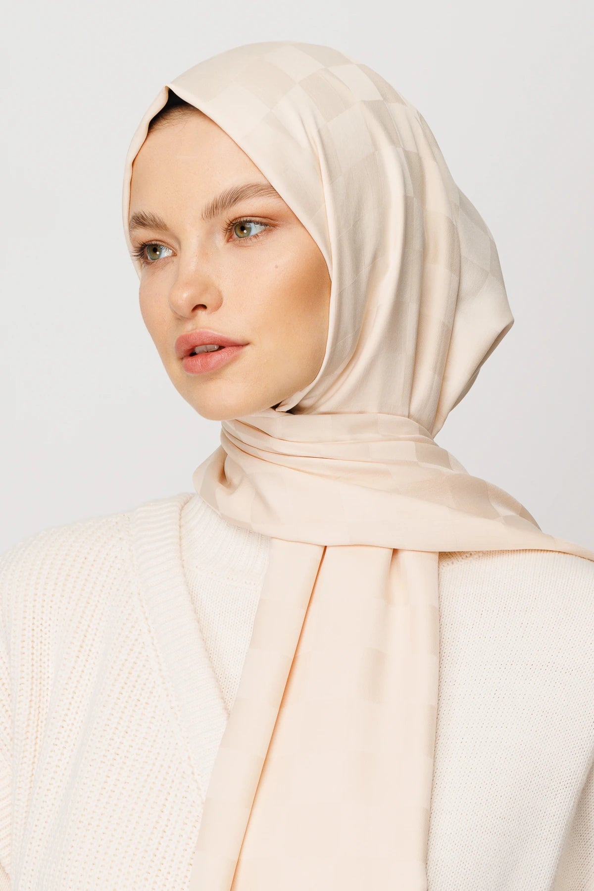 Checkerboard Pattern Silky Jacquard Shawl - Cream